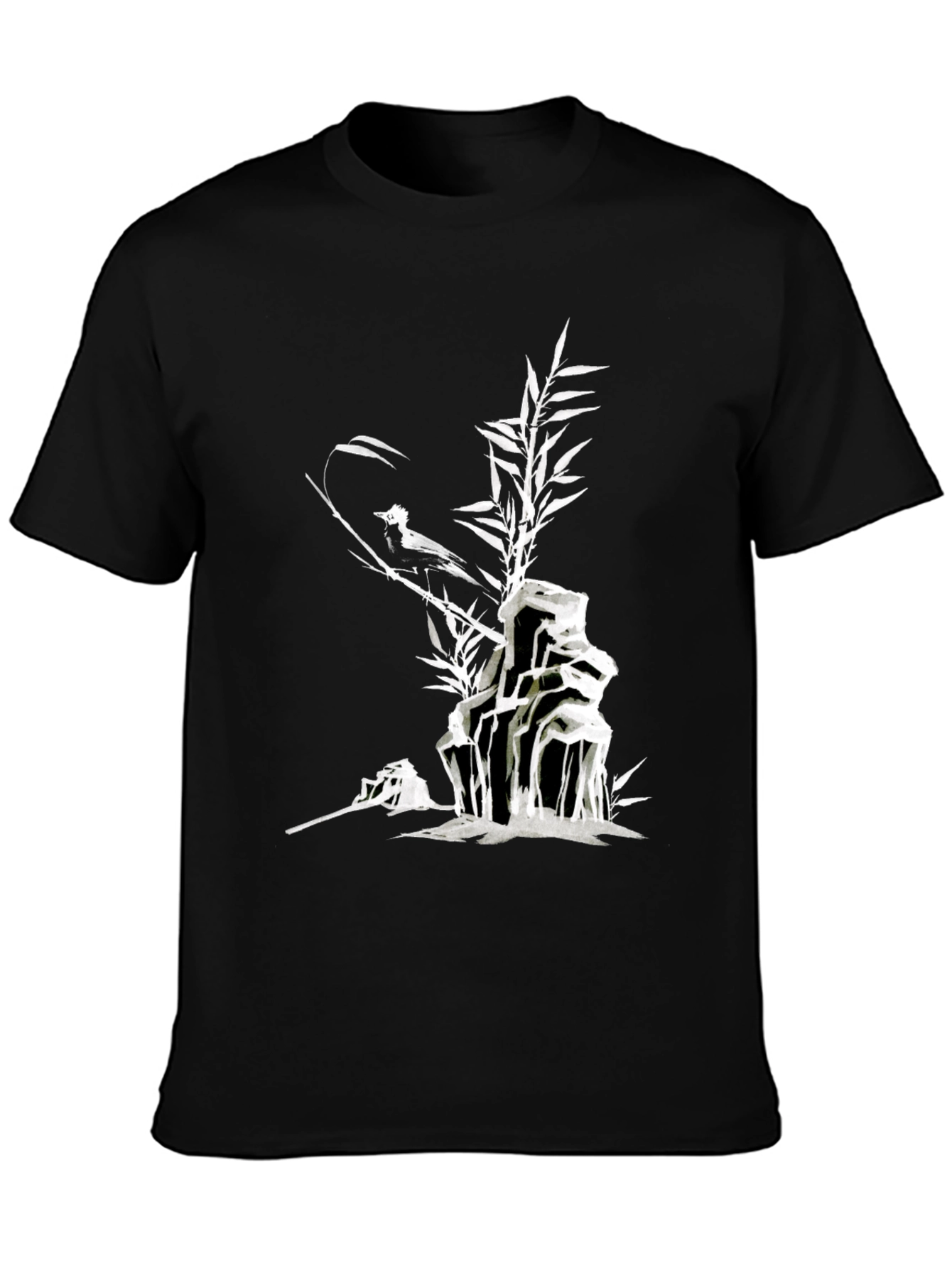Black Men's Black T-Shirt with Bird and Bamboo Graphic view 3