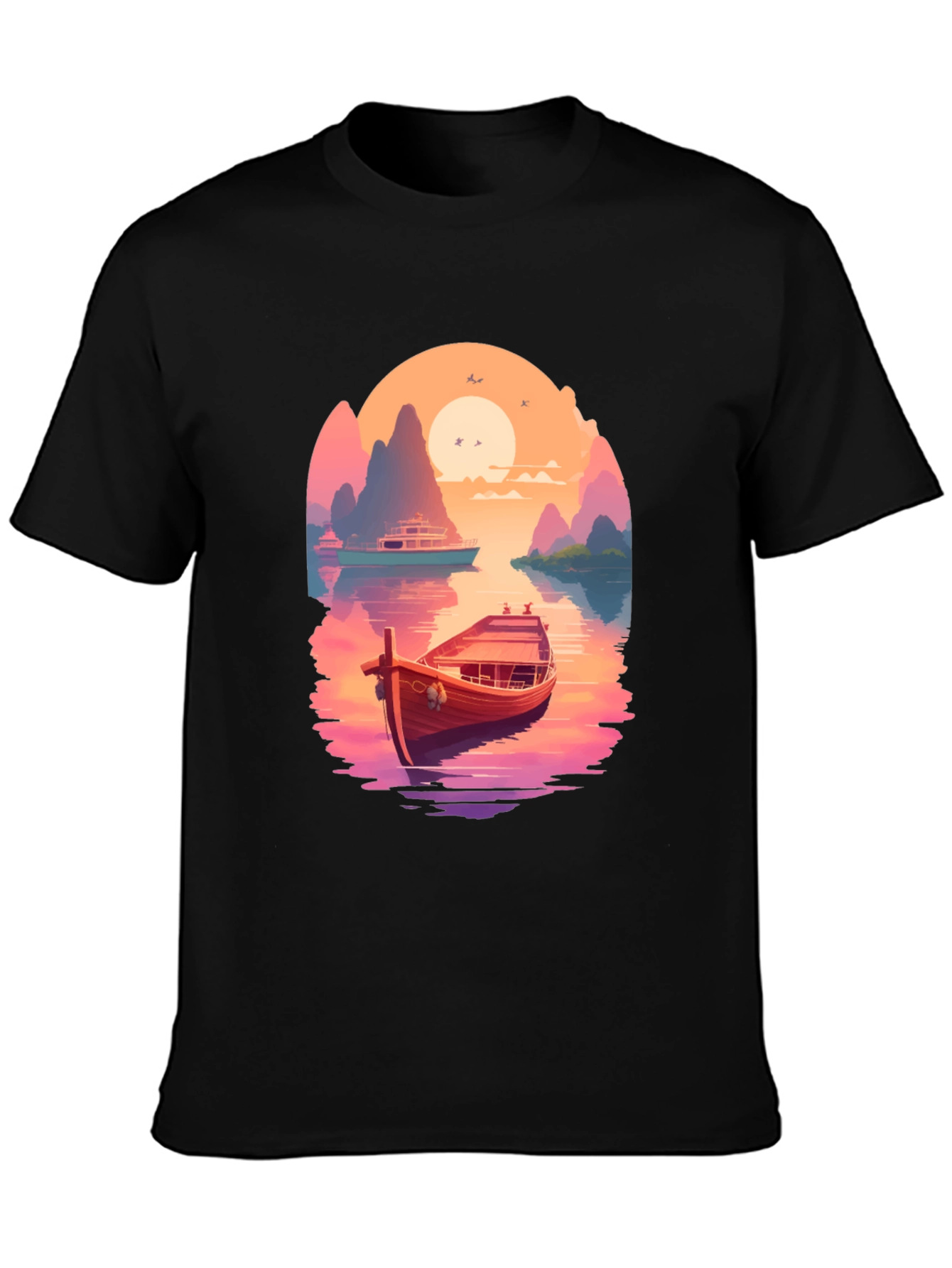 Boat Scene Graphic Tee - Retro Sunset Style - 3
