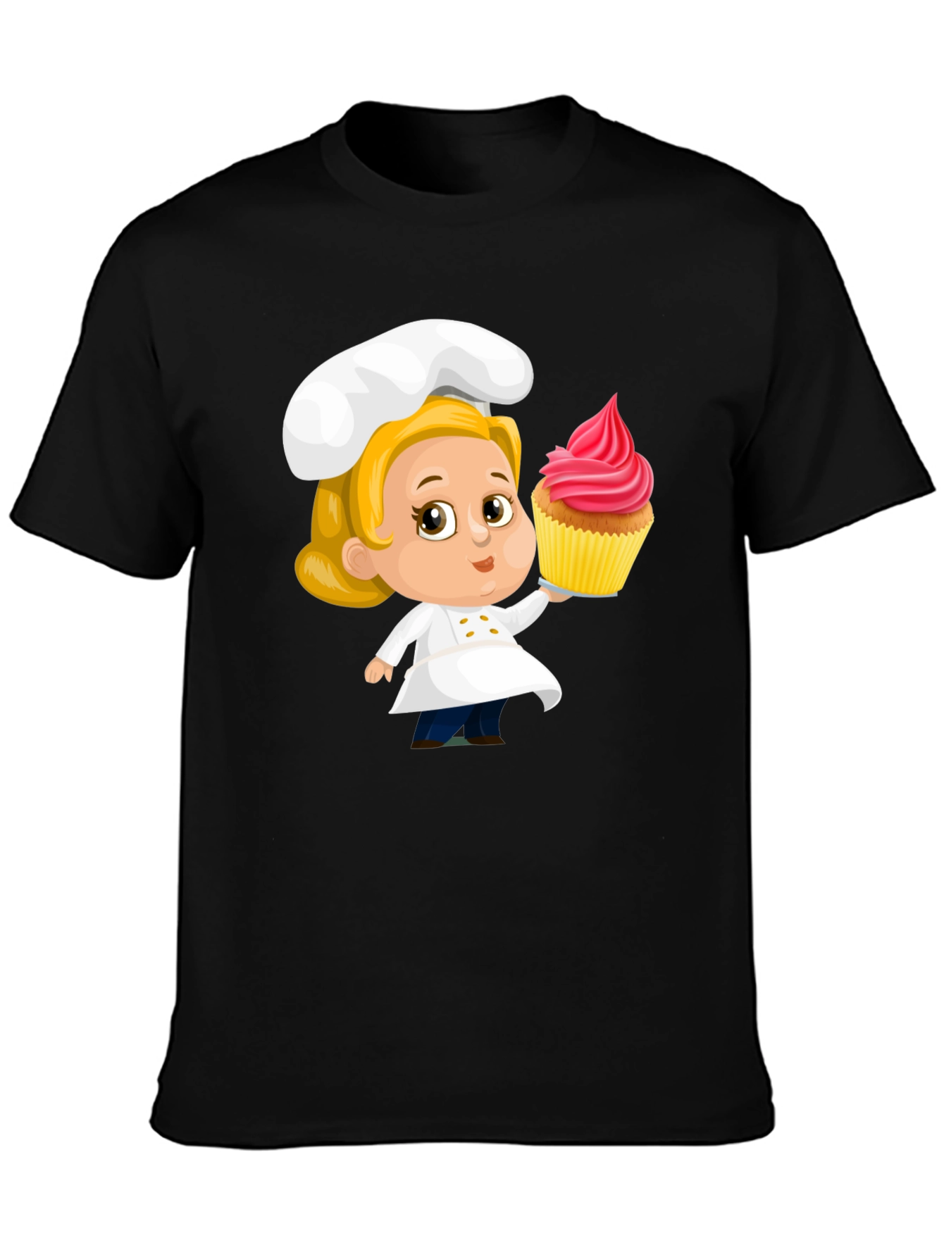 Black Chef Cupcake Cartoon T-Shirt - Cute & Fun Design view 3