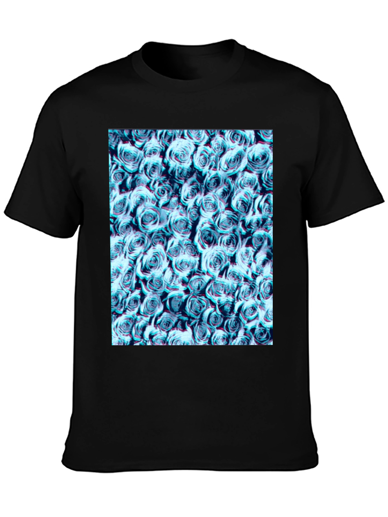 Black Blue Rose Print Black T-Shirt view 3