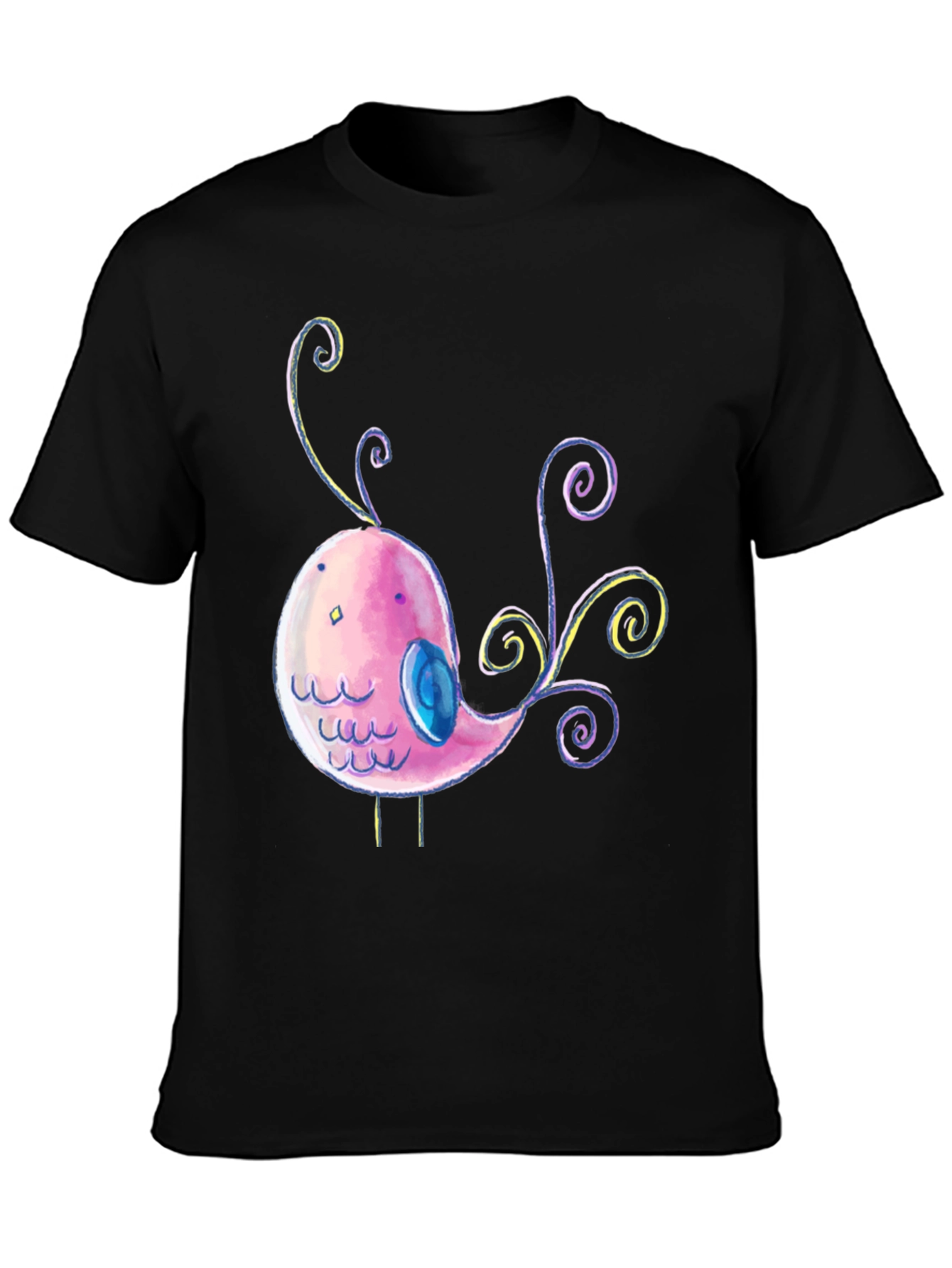 Black Cute Cartoon Bird Graphic Black T-Shirt view 3