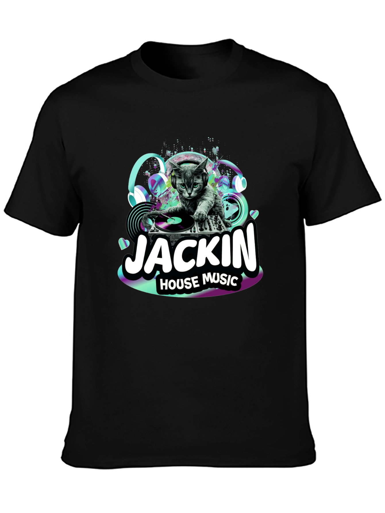 Black DJ Cat T-Shirt - "Jackin' House Music" view 3