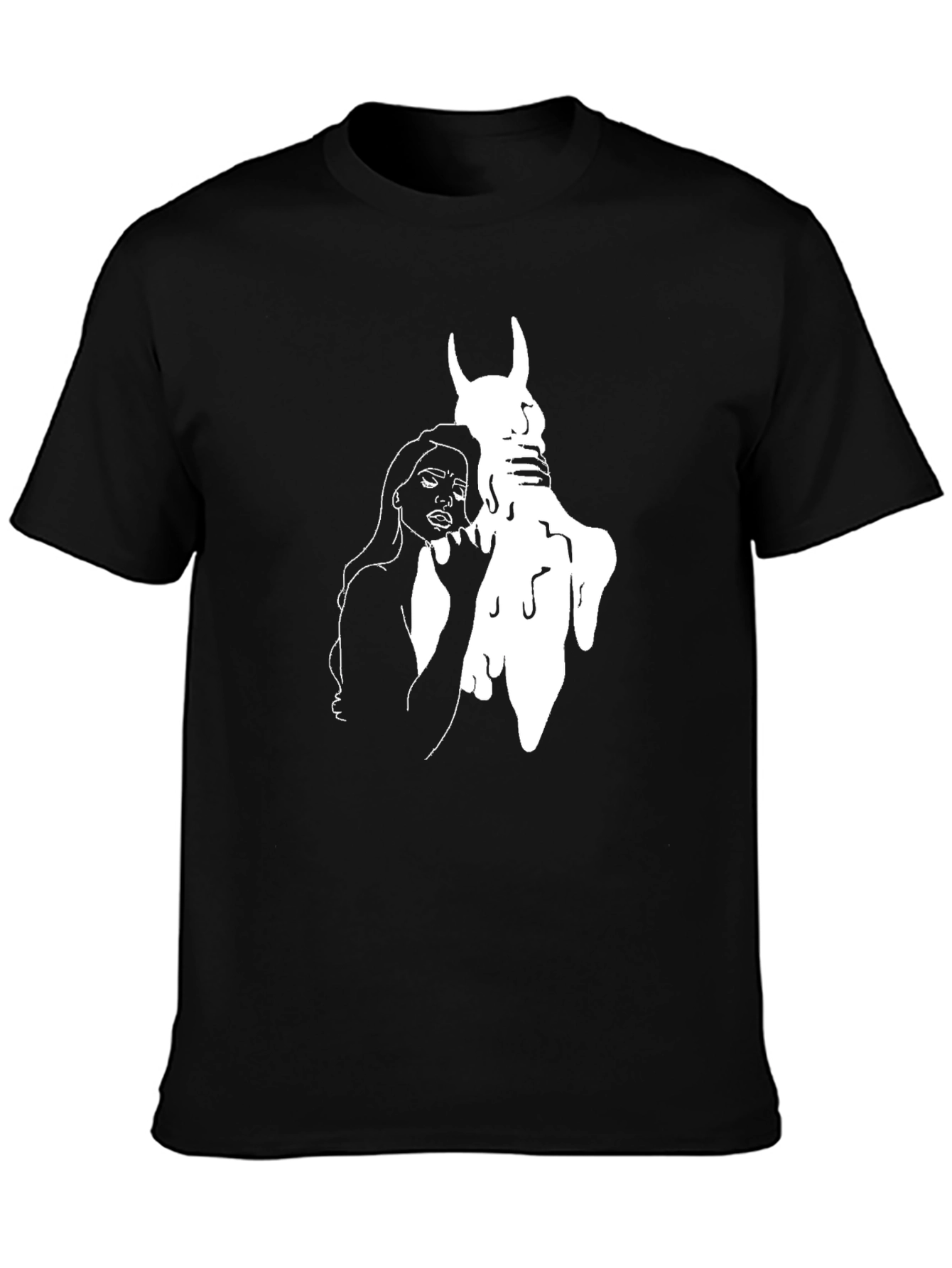 Black Black T-Shirt with Gothic Woman and Horned Figure Graphic view 3