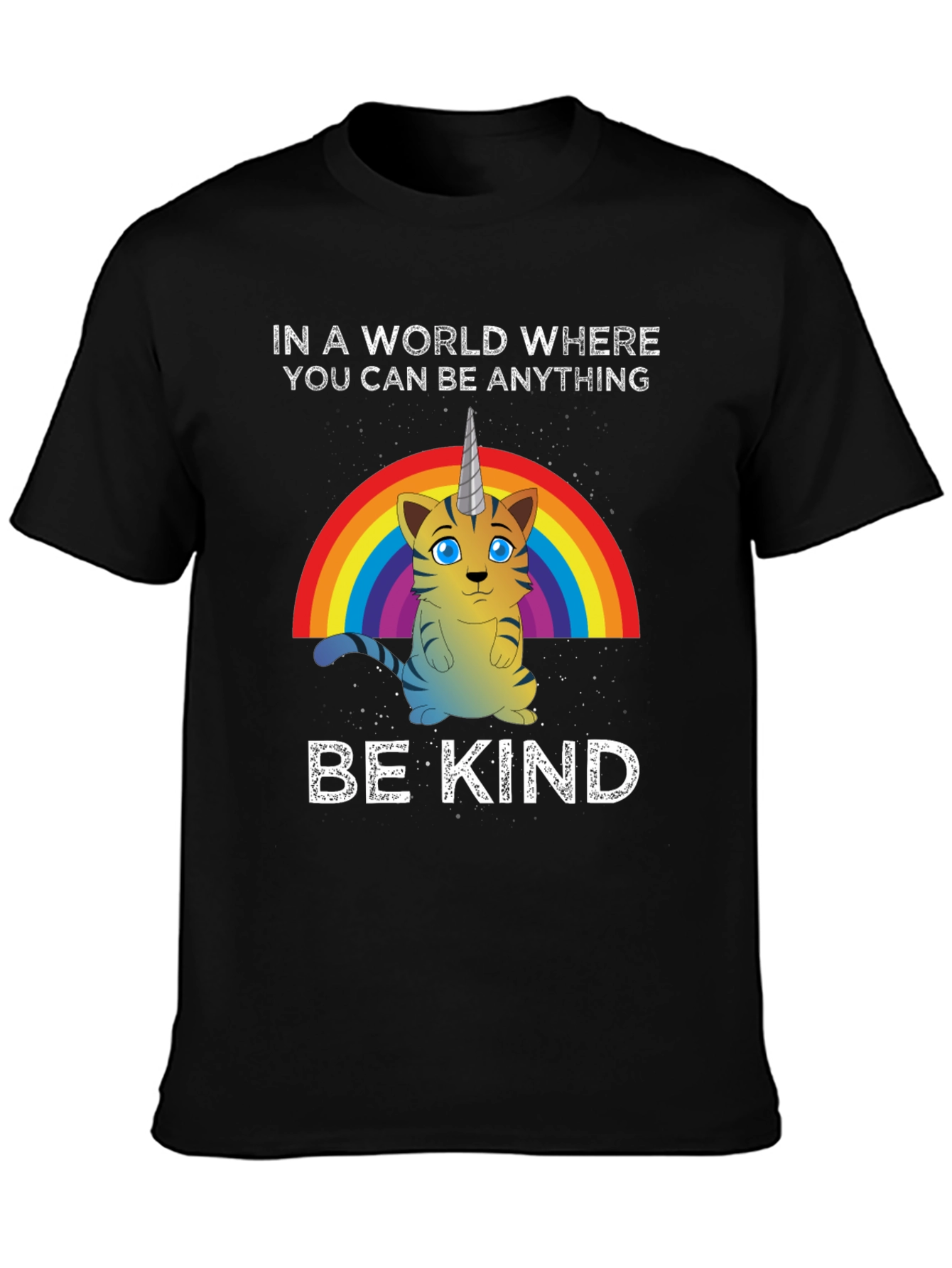 Black Unicorn Cat Rainbow T-Shirt - Be Kind view 3