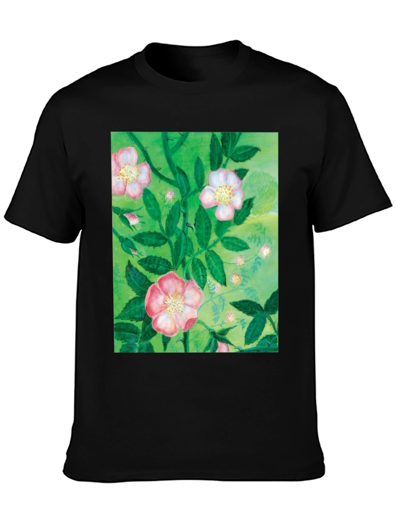 Black Floral Print T-Shirt - Artistic Botanical Design view 3