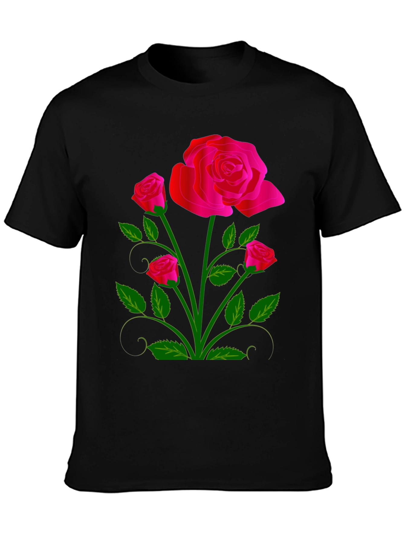 Black Black T-Shirt with Vivid Floral Rose Design view 3