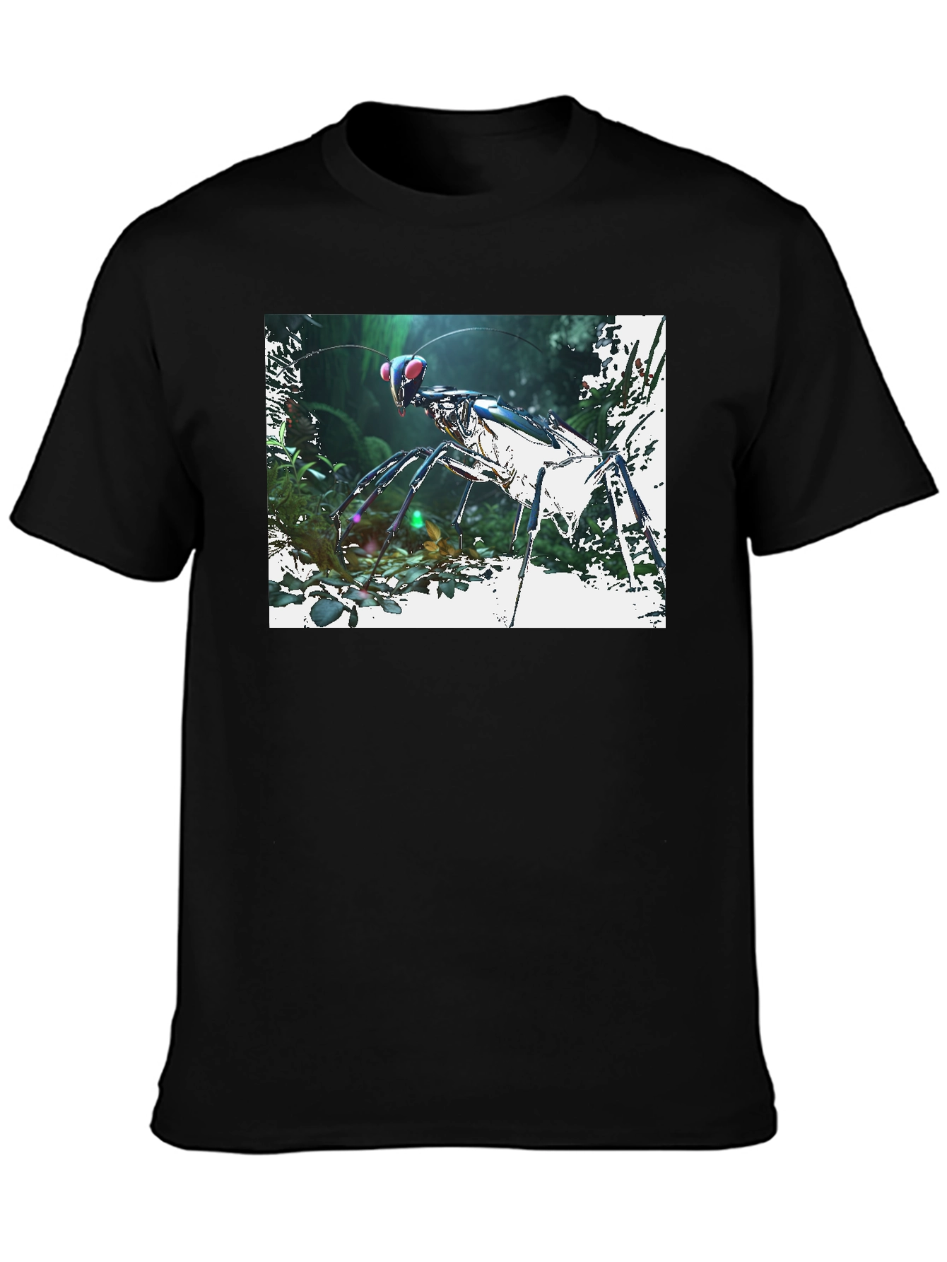 Black Futuristic Praying Mantis Graphic T-Shirt view 3
