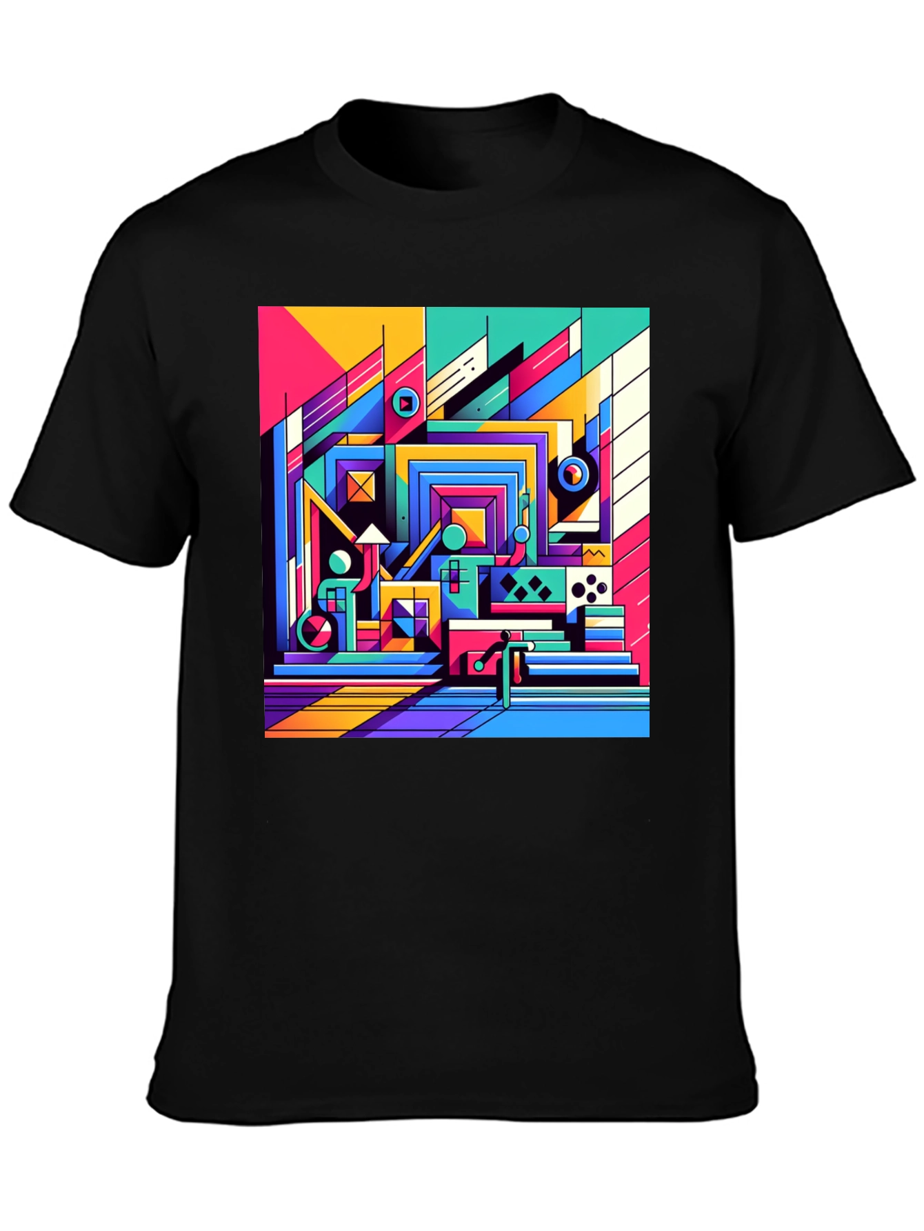 Black Retro Geometric Art T-Shirt - Bold Colorful Design view 3