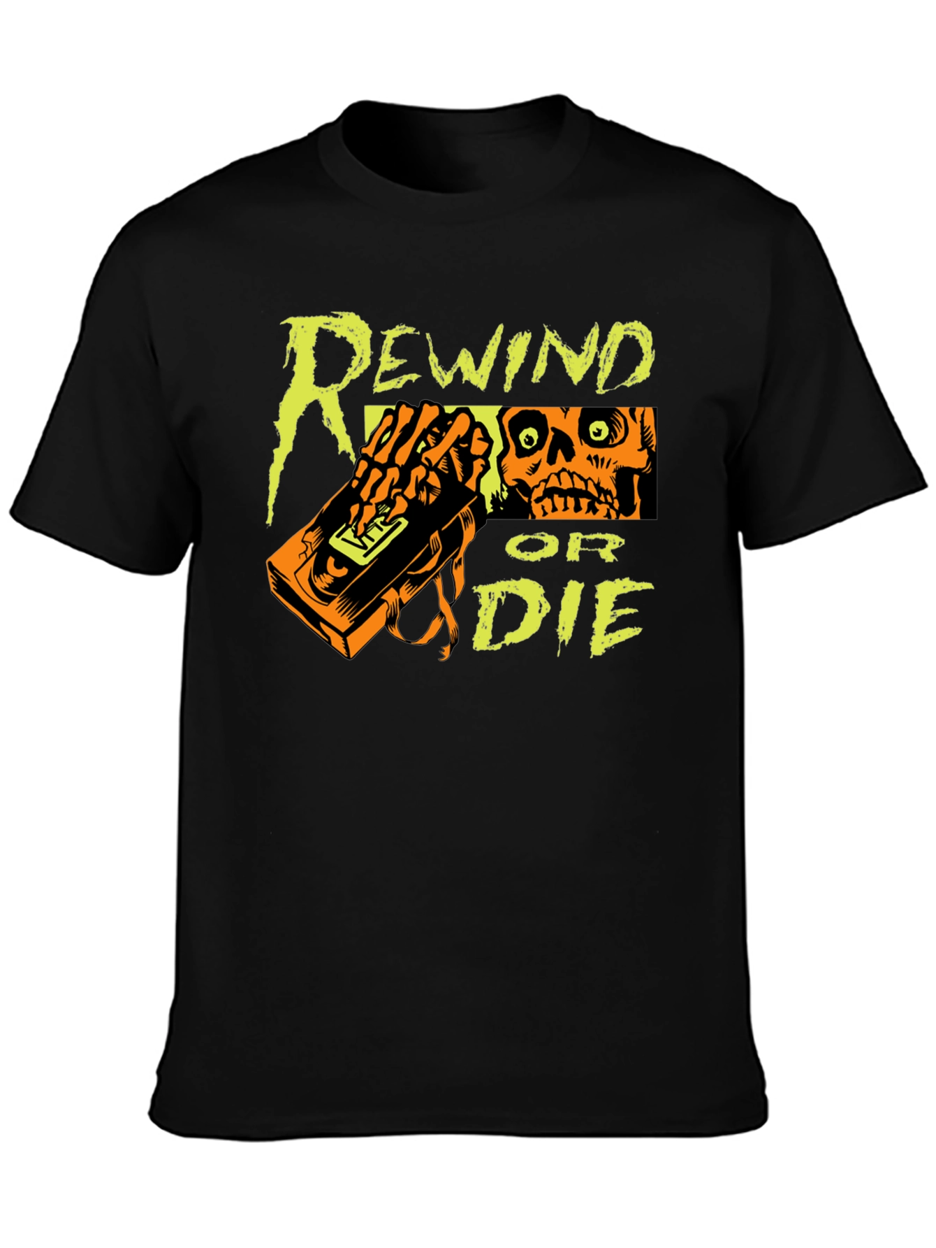 Black Rewind or Die Graphic Tee - VHS Tape Skull T-Shirt view 3