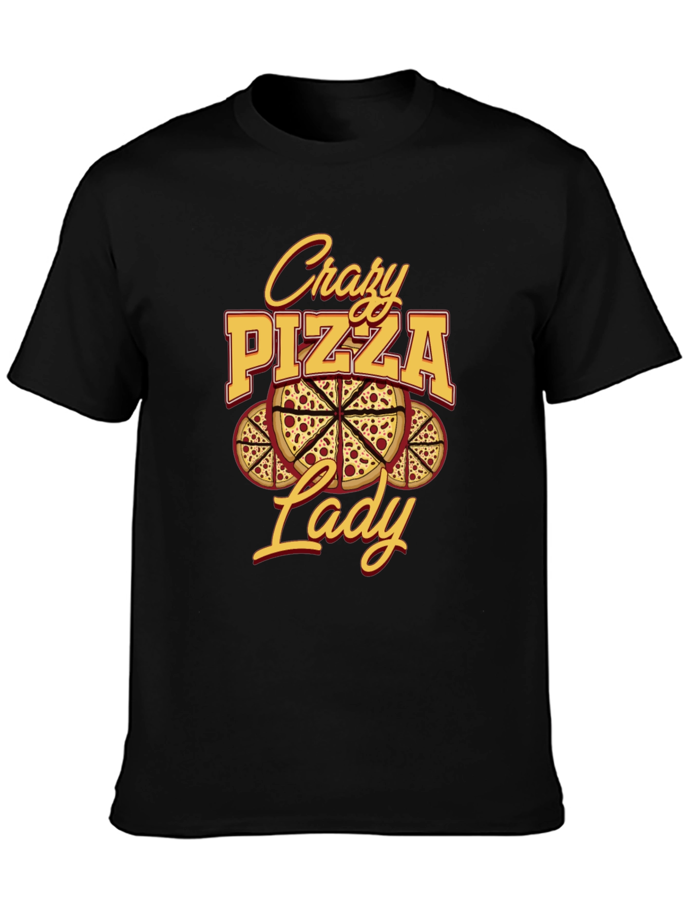 Black Crazy Pizza Lady Graphic Tee - Unisex Black T-Shirt view 3