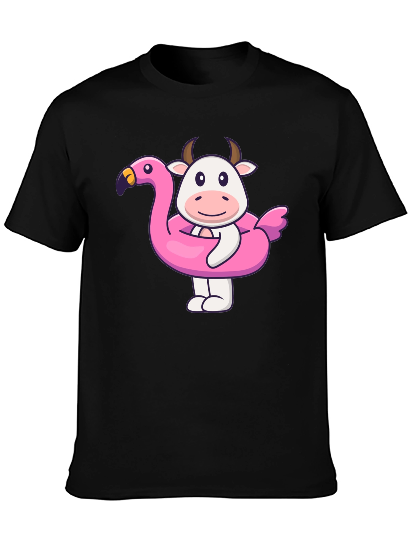Black Funny Cow Flamingo Pool Float Black T-Shirt view 3