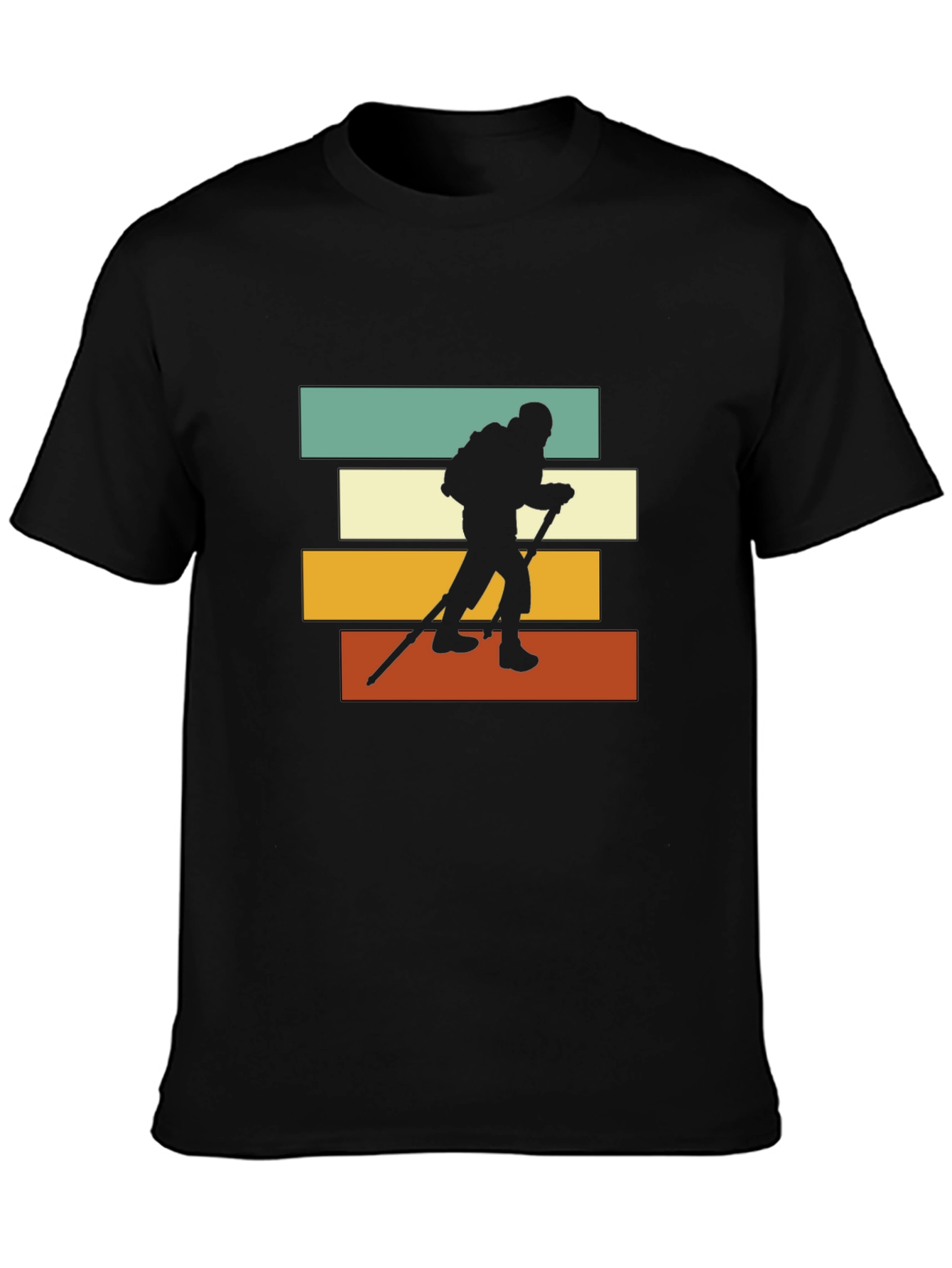 Black Hiking Silhouette Retro Striped T-Shirt view 3