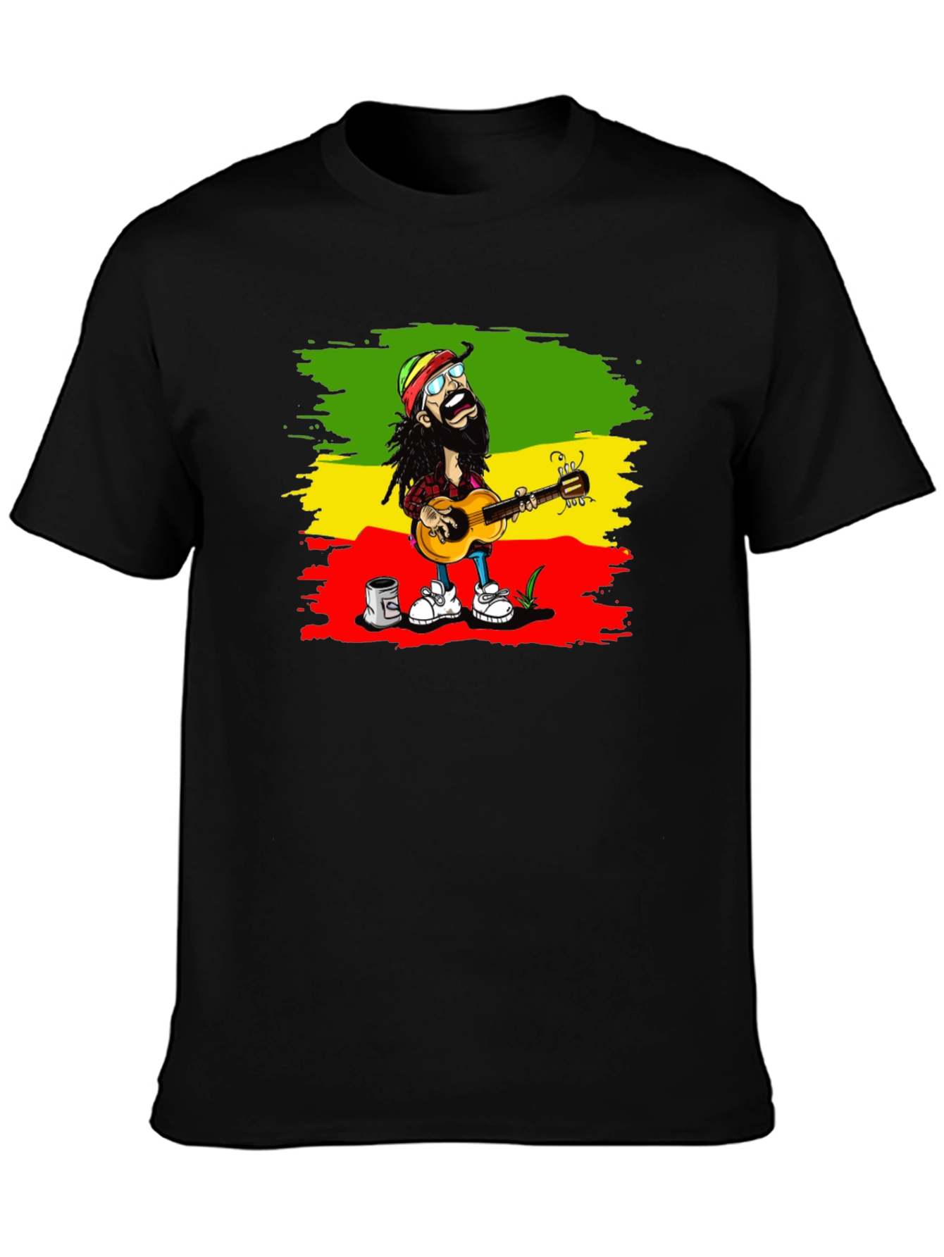 Black Rasta Cartoon Guitarist T-Shirt view 3