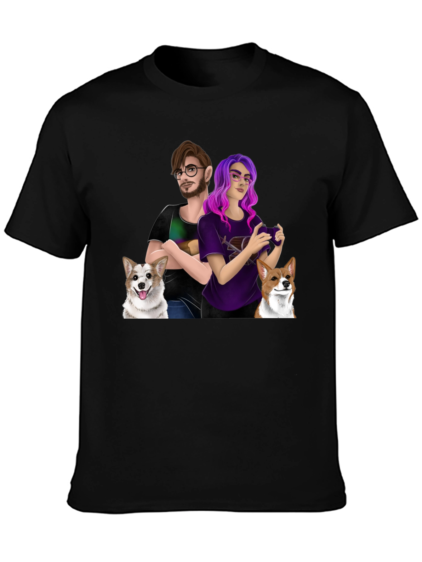Custom Cartoon Couple & Dogs T-Shirt - 3