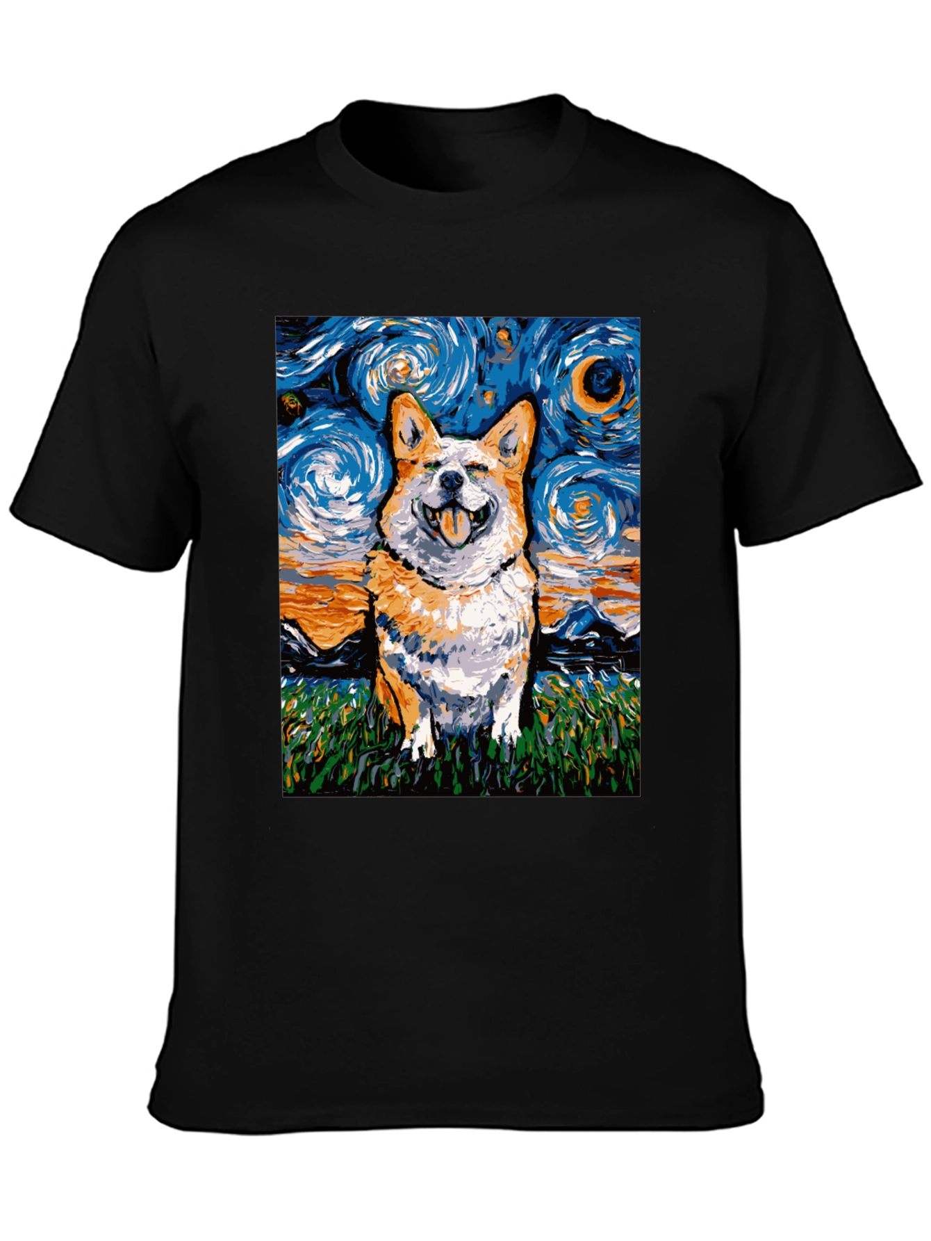 Black Starry Night Corgi T-Shirt - Artistic Dog Lover Tee view 3
