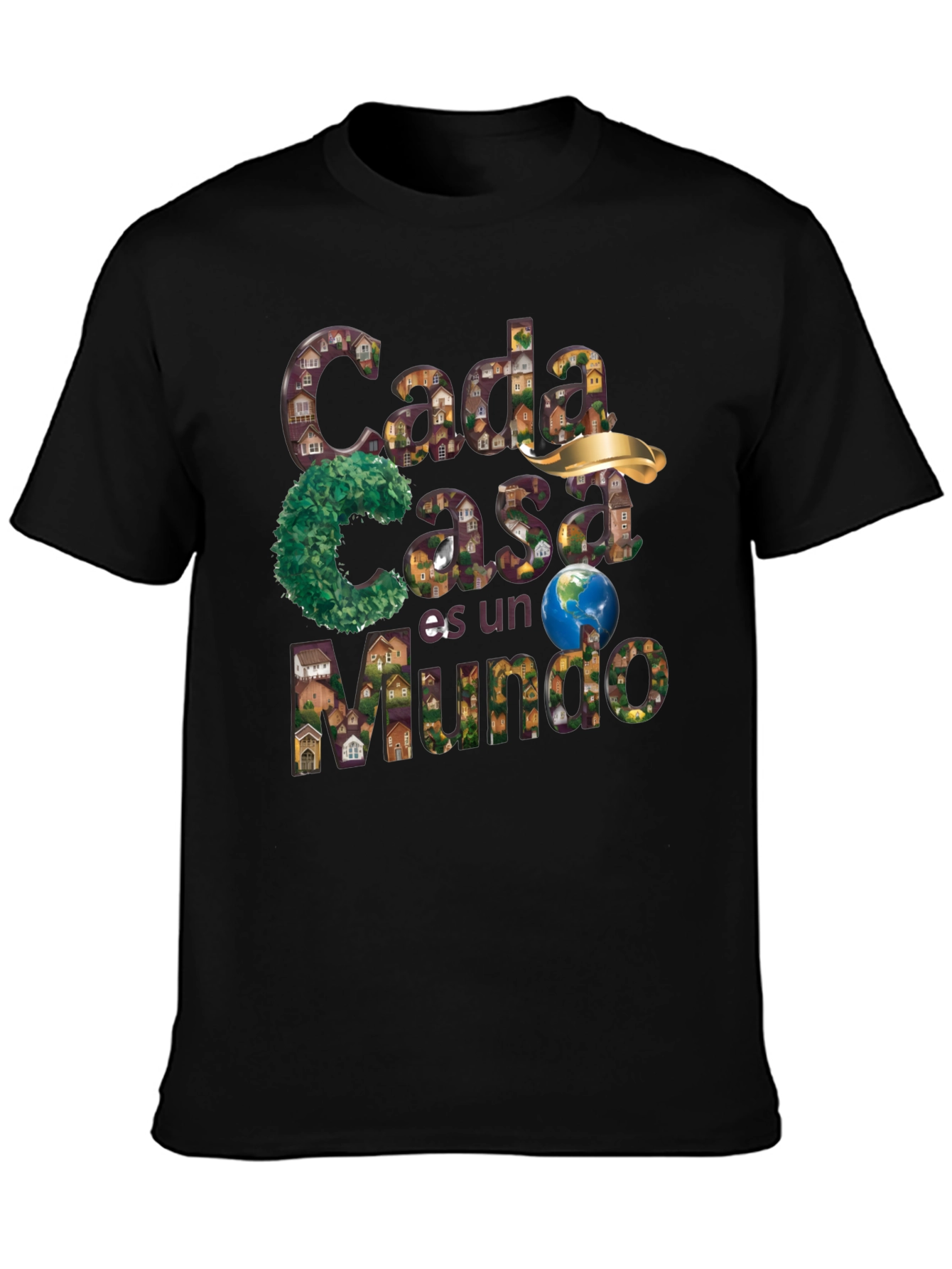 Black Unique Graphic T-Shirt - "Cada Casa es un Mundo" Design view 3