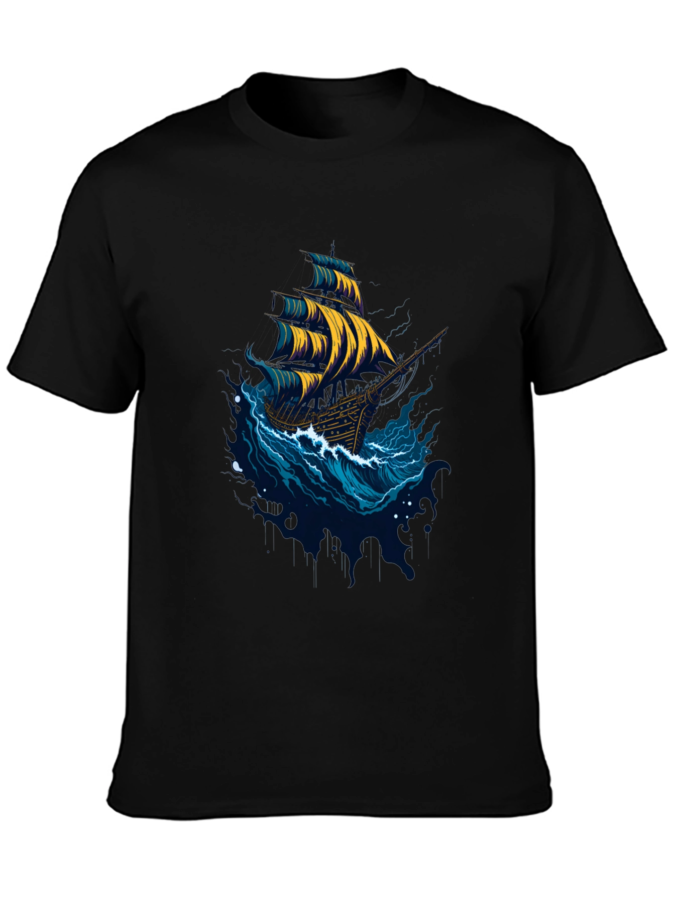 Black Nautical Ship Graphic Tee - Black Cotton T-Shirt view 3