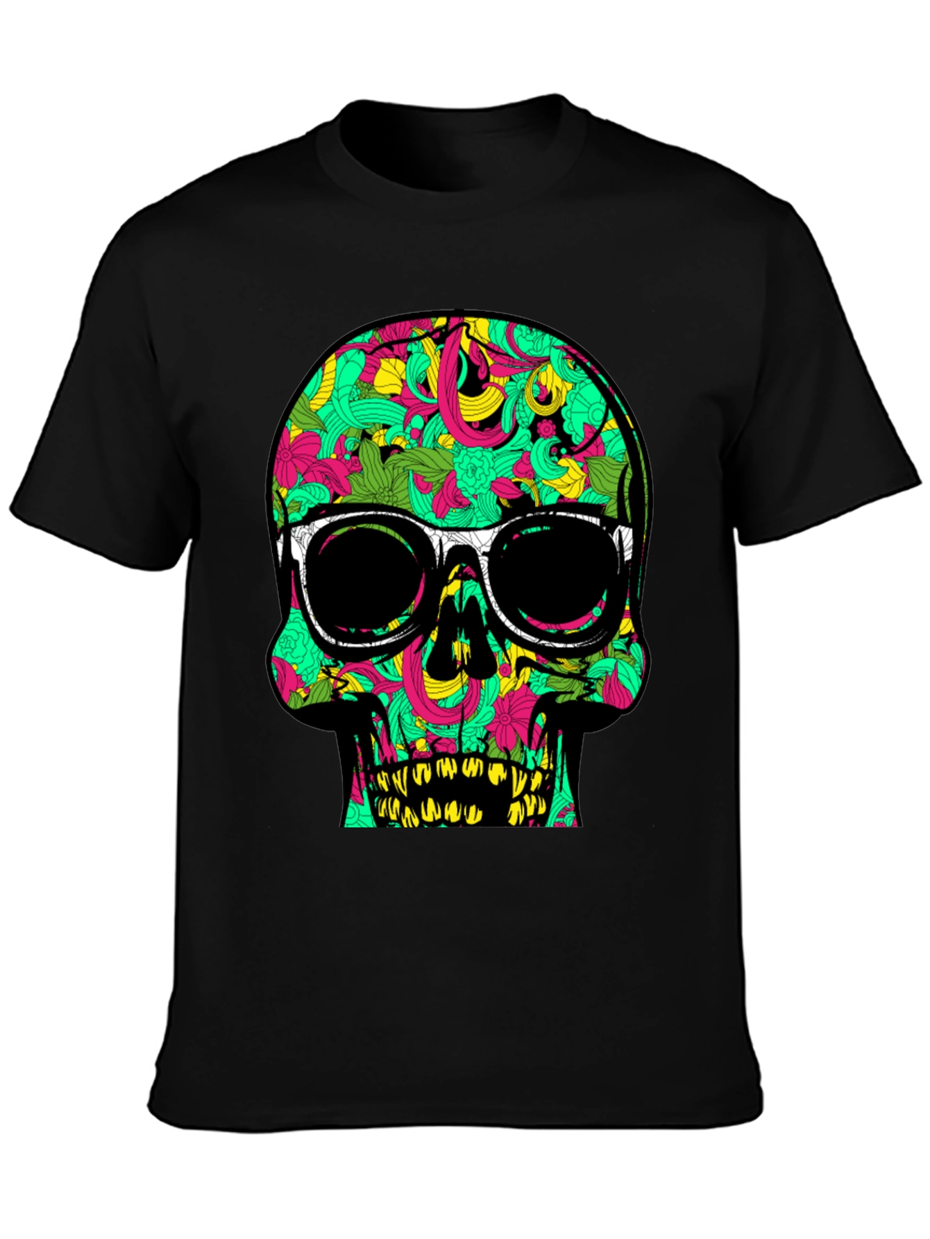 Black Cool Skull T-Shirt with Floral Pattern and Sunglasses view 3