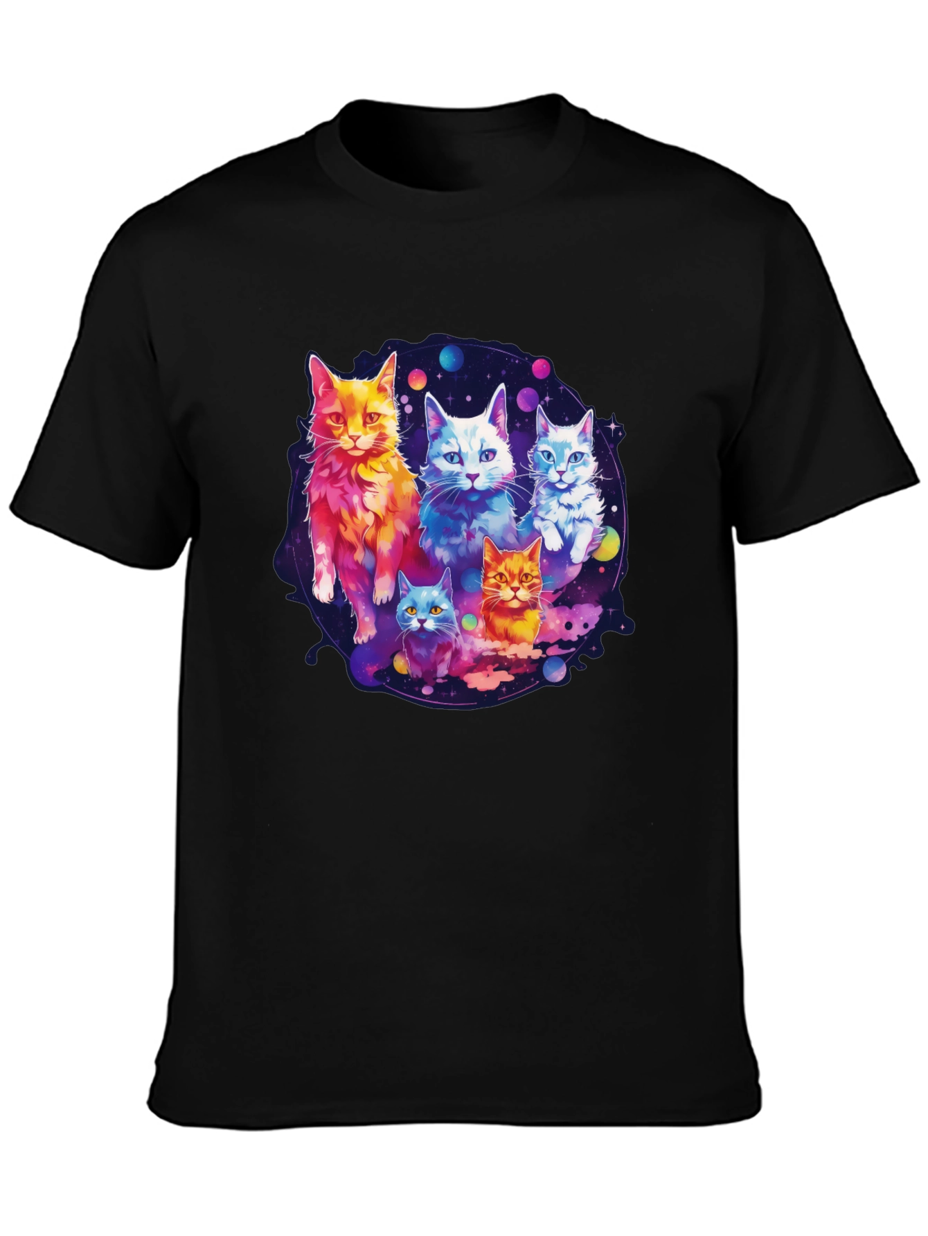 Black Cosmic Cat Crew T-Shirt - Galaxy Feline Design view 3