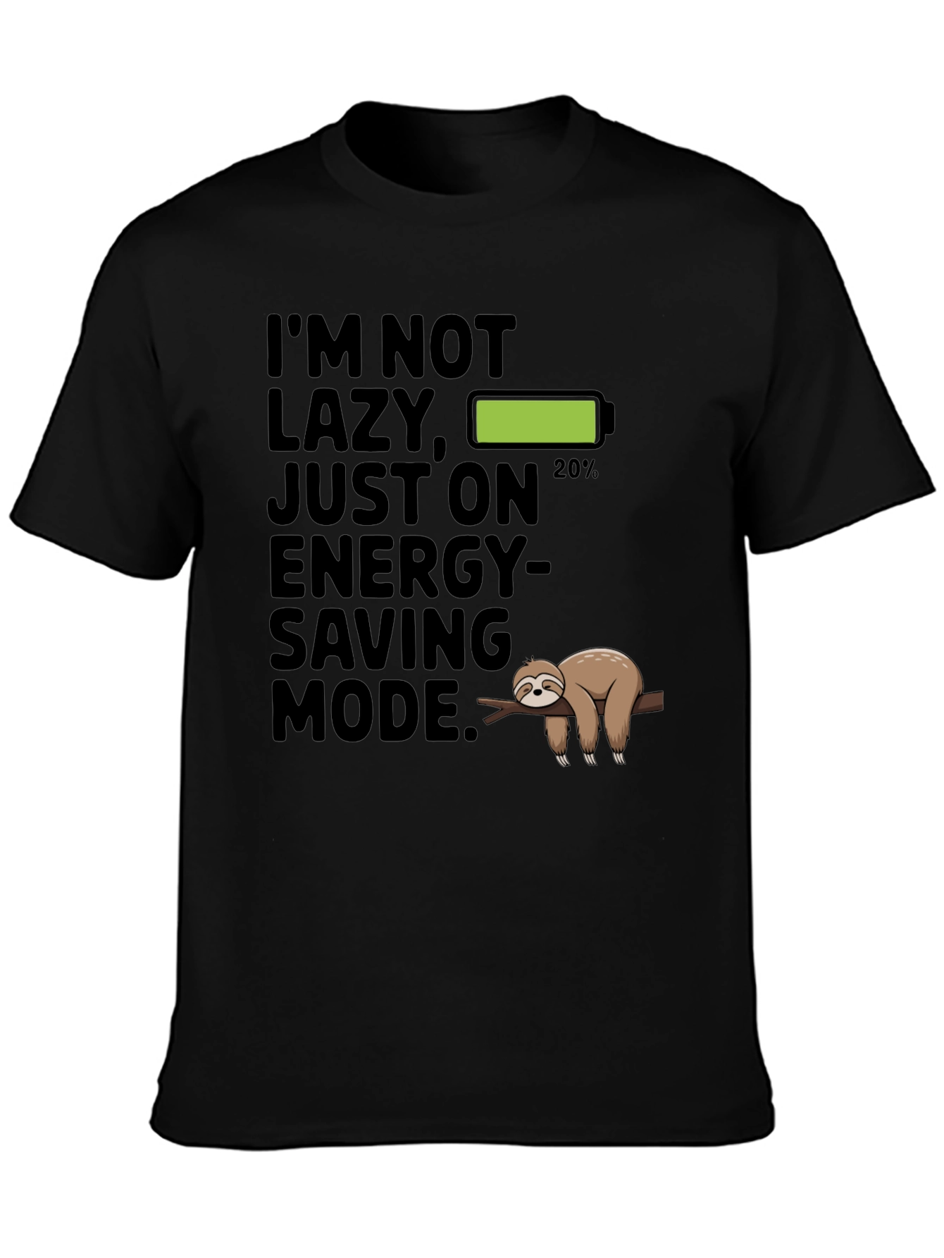 Black Funny Sloth Energy Saving Mode Graphic T-Shirt view 3