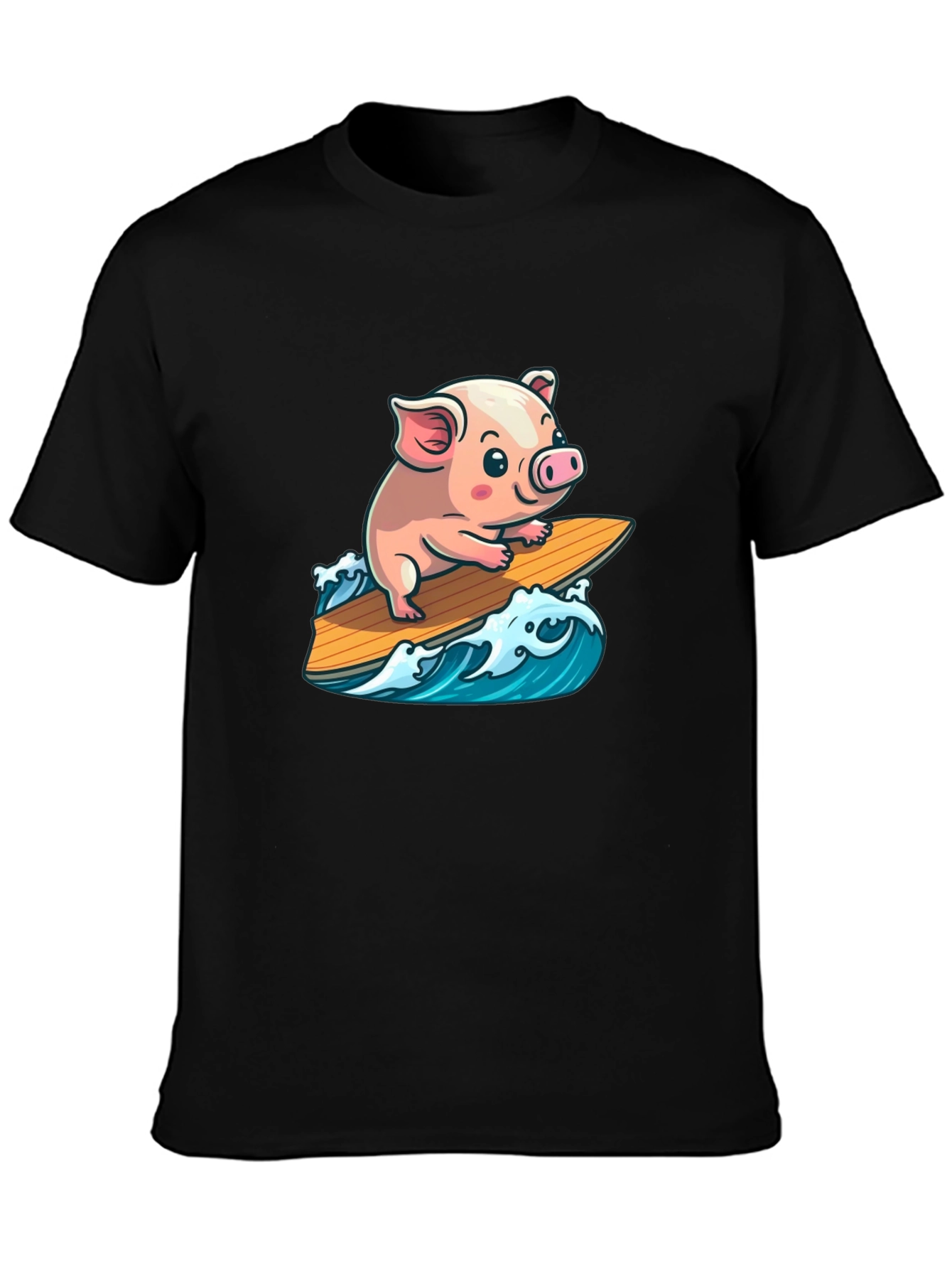 Black Surfing Pig T-Shirt - Cute Cartoon Animal Tee view 3