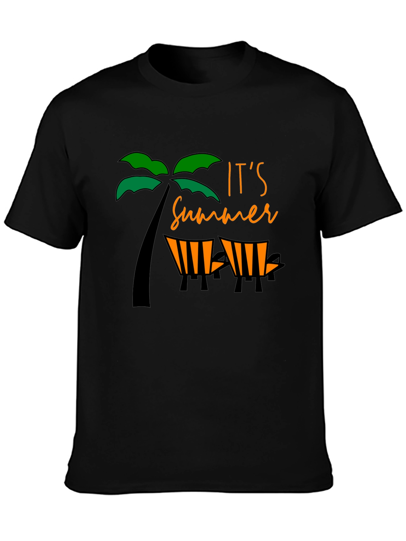 Black Summer Vibe Black T-Shirt - Palm Tree & Beach Chair Design view 3