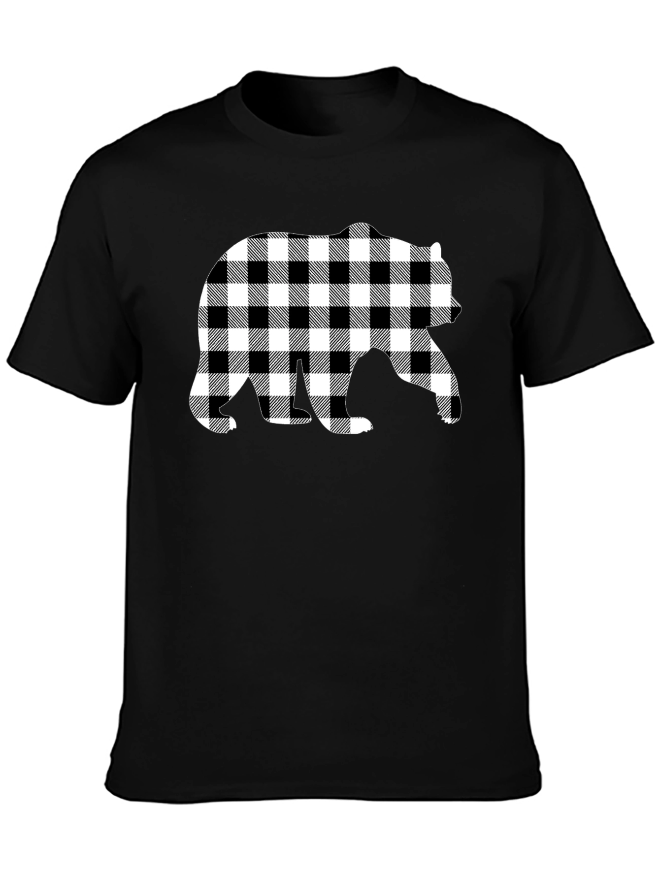 Black Plaid Bear Graphic Tee - Stylish Men's Black T-Shirt view 3