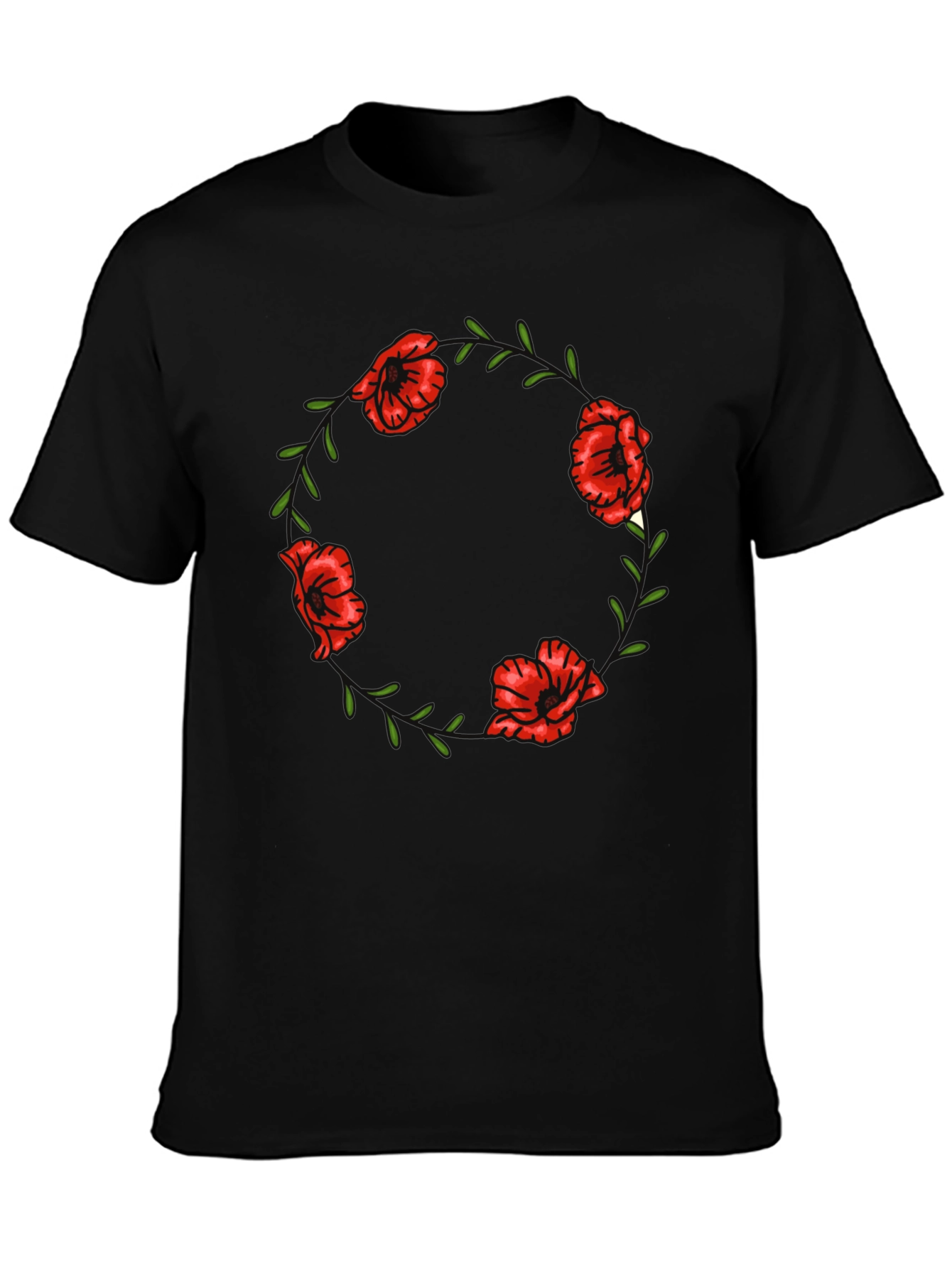 Black Floral Poppy Wreath Graphic Tee - Black Cotton T-Shirt view 3