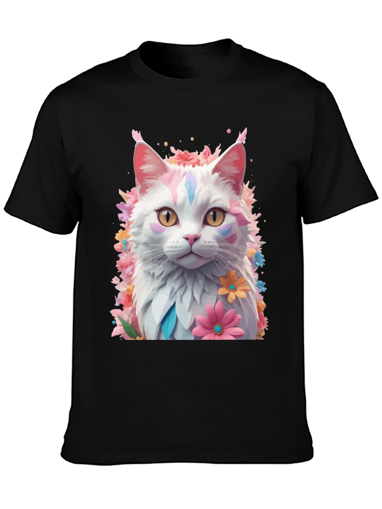 Black Floral Cat T-Shirt - Artistic Graphic Tee view 3