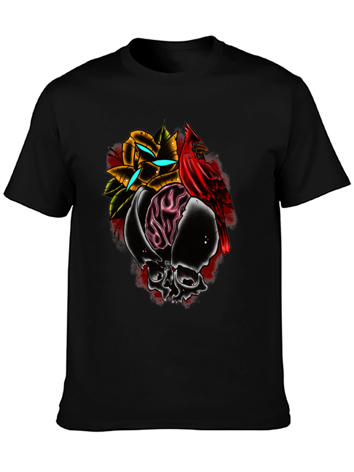 Black Skull Rose Cardinal Graphic Tee - Edgy Menswear view 3