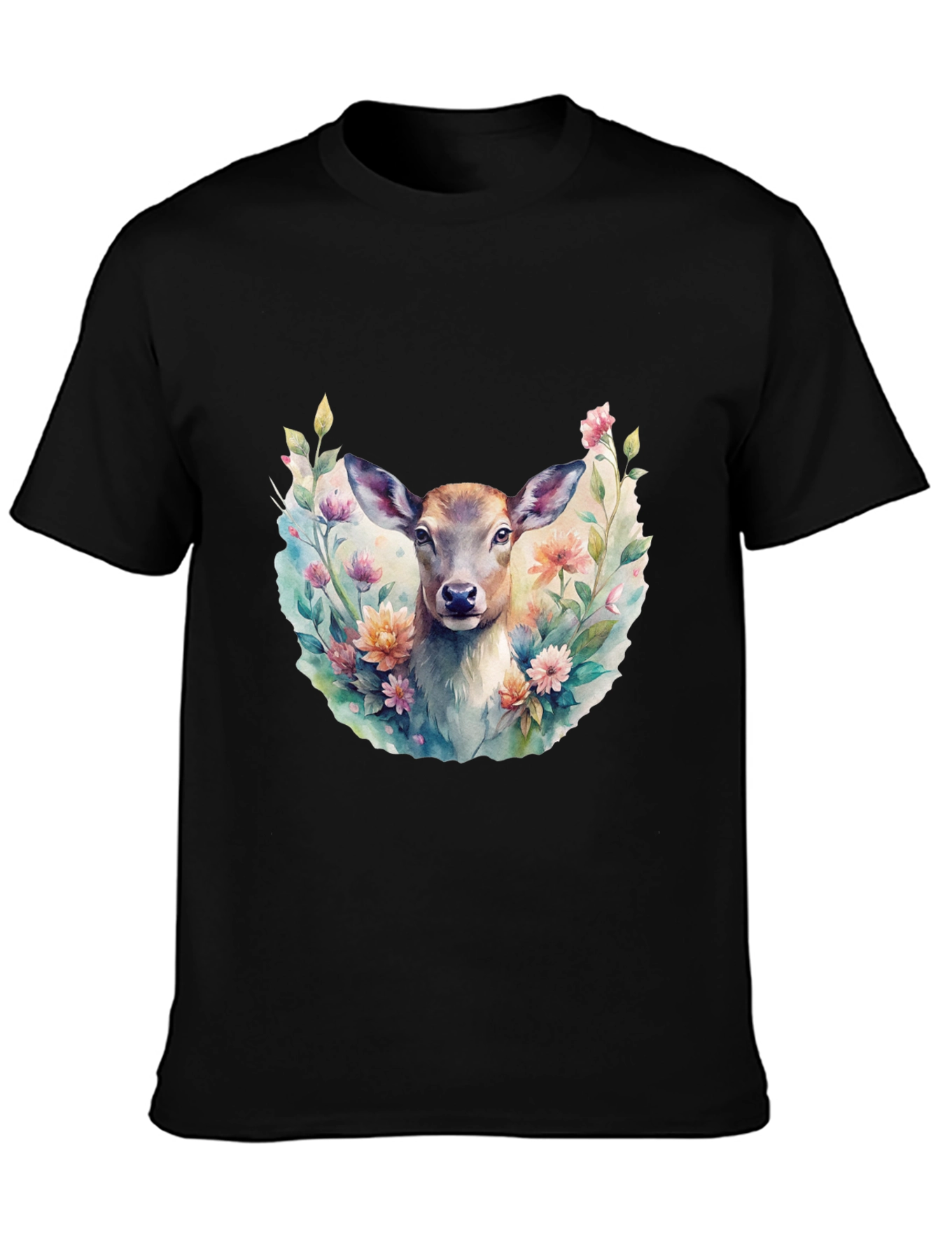 Black Floral Deer Graphic Tee - Stylish Men's Black T-Shirt view 3