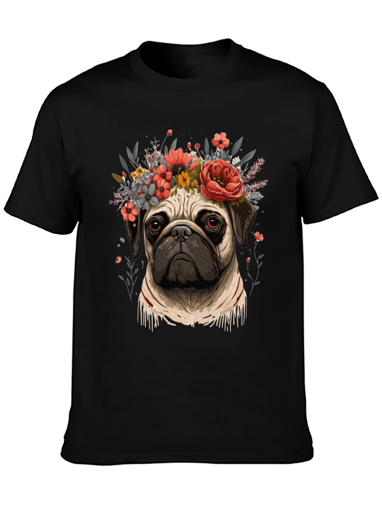 Black Floral Pug Graphic Tee - Black Cotton Blend view 3