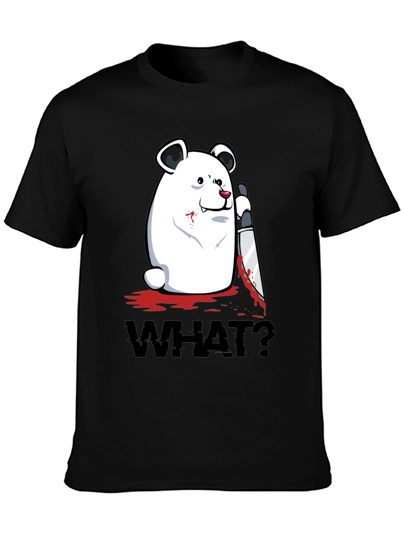 Black Creepy Polar Bear "WHAT?" Graphic T-Shirt view 3