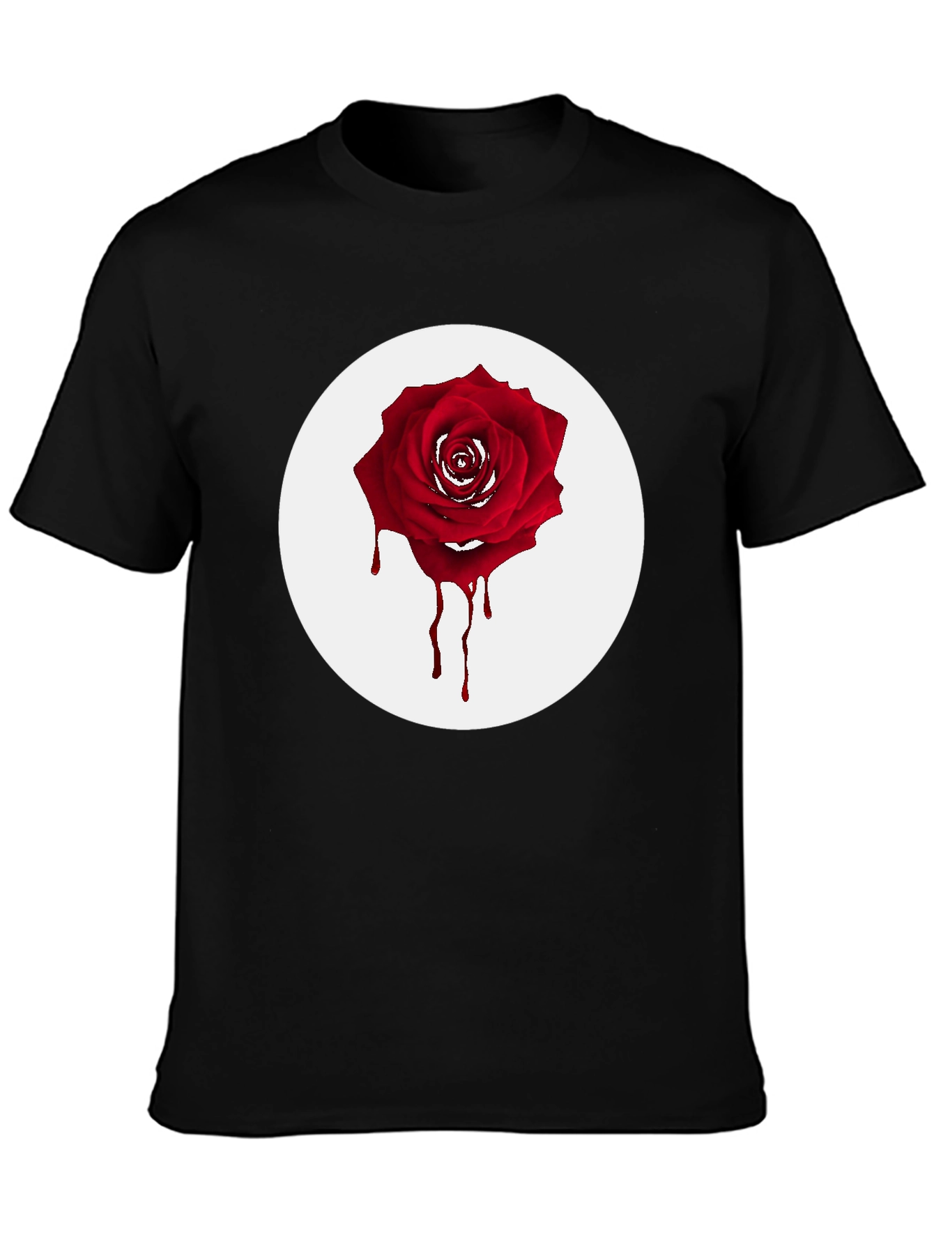 Black Men's Black T-Shirt with Bleeding Rose Graphic view 3