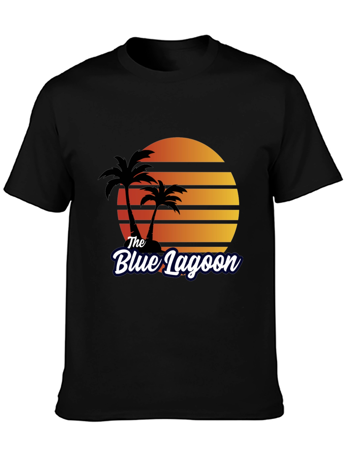 Black The Blue Lagoon Retro T-Shirt - Palm Tree Sunset Tee view 3