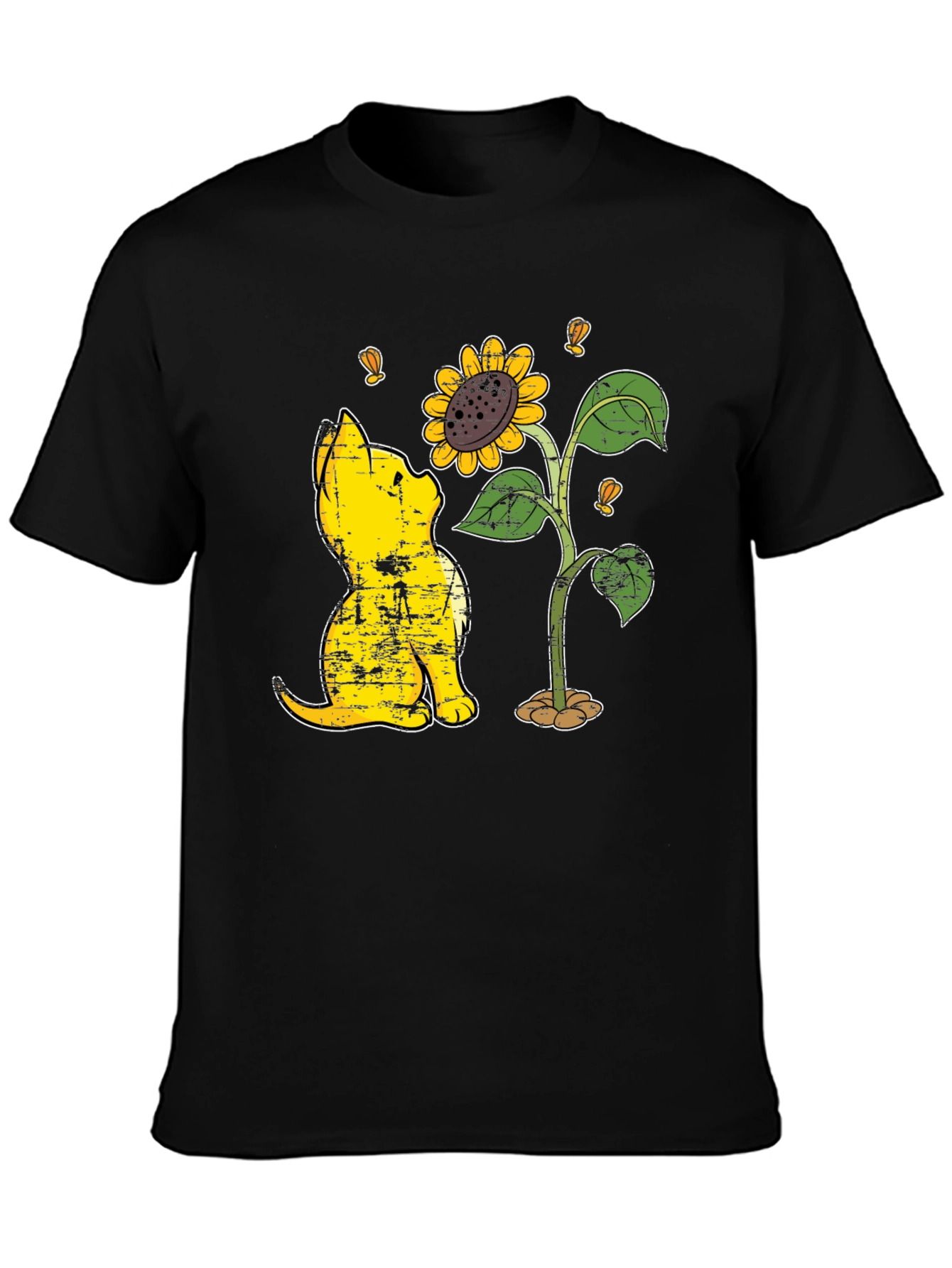 Black Cat & Sunflower Graphic T-Shirt - Casual Black Tee view 3