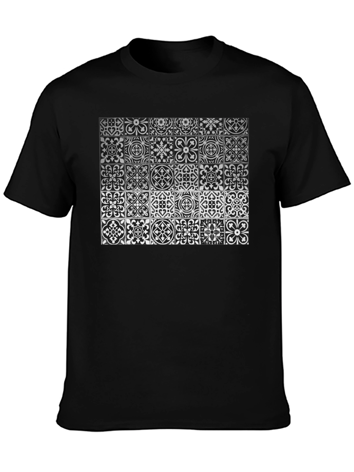 Black Patterned Tile Print Black T-Shirt view 3