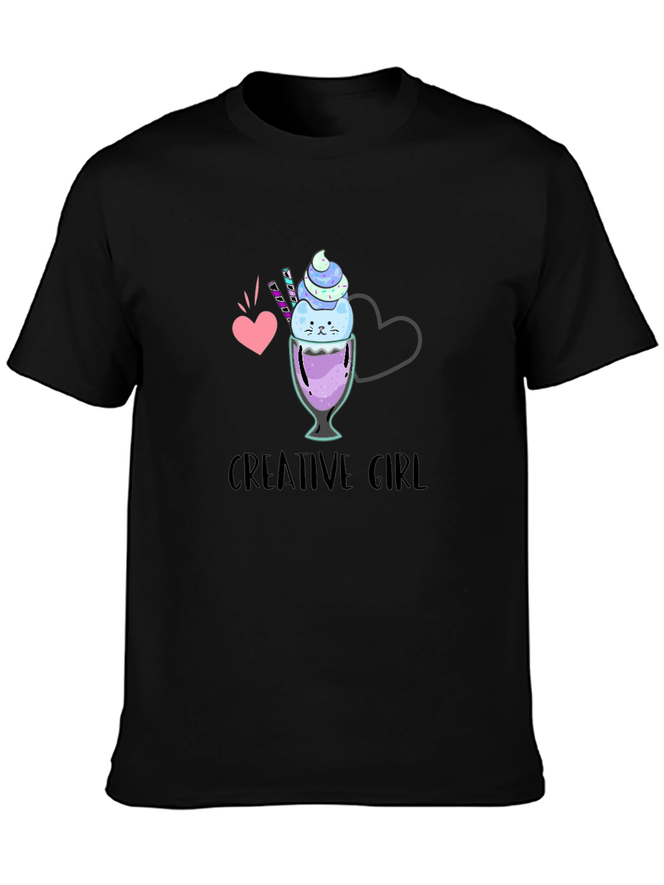 Black Creative Girl Ice Cream Cat Graphic Black T-Shirt view 3