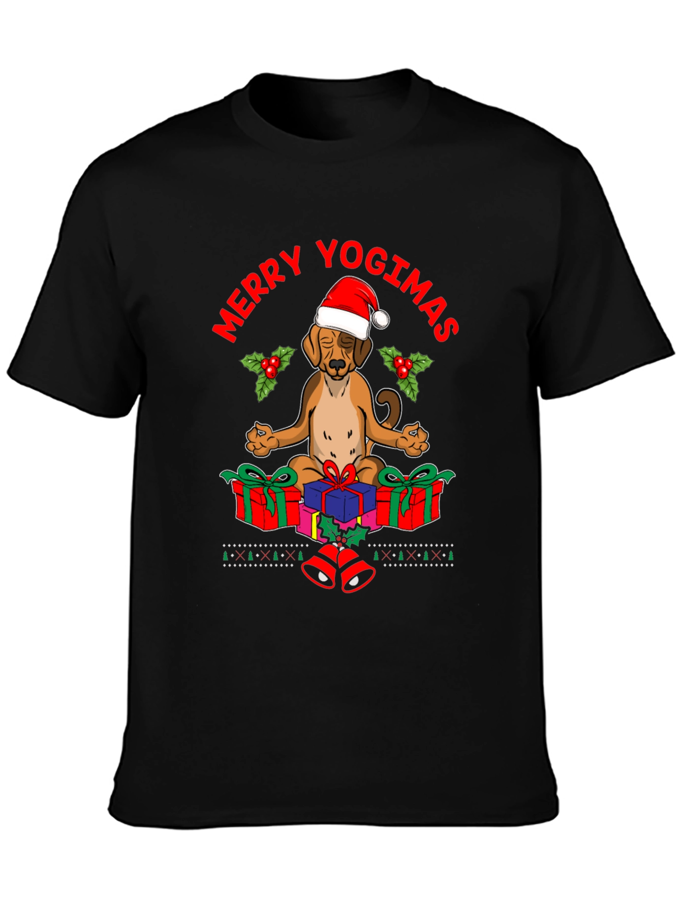 Black Merry Yogimas Dog T-Shirt - Holiday Yoga Gifts view 3