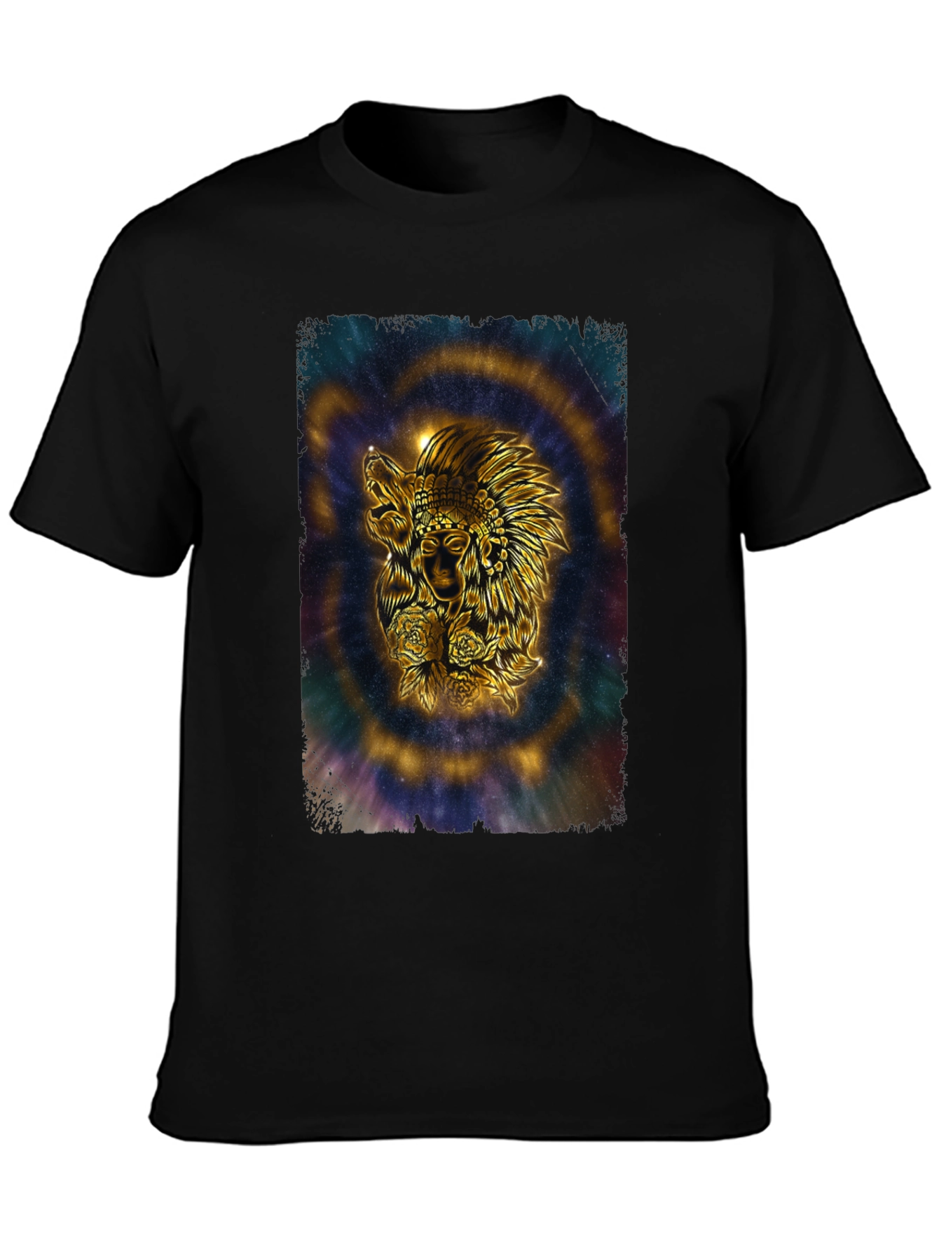 Black Native American Wolf Graphic T-Shirt - Black view 3