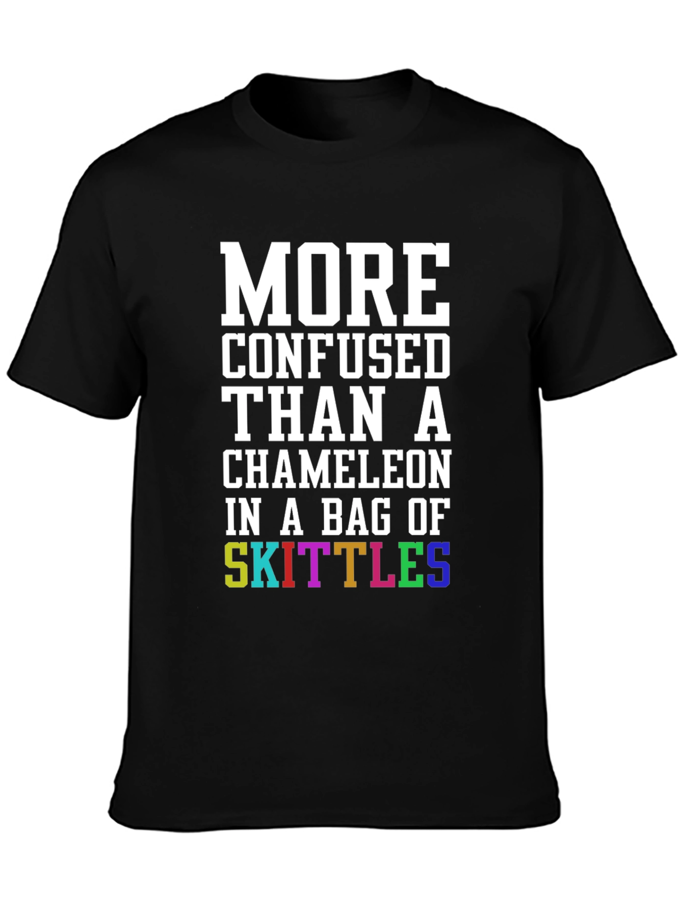 Black Confused Chameleon Skittles T-Shirt - Funny Novelty Tee view 3