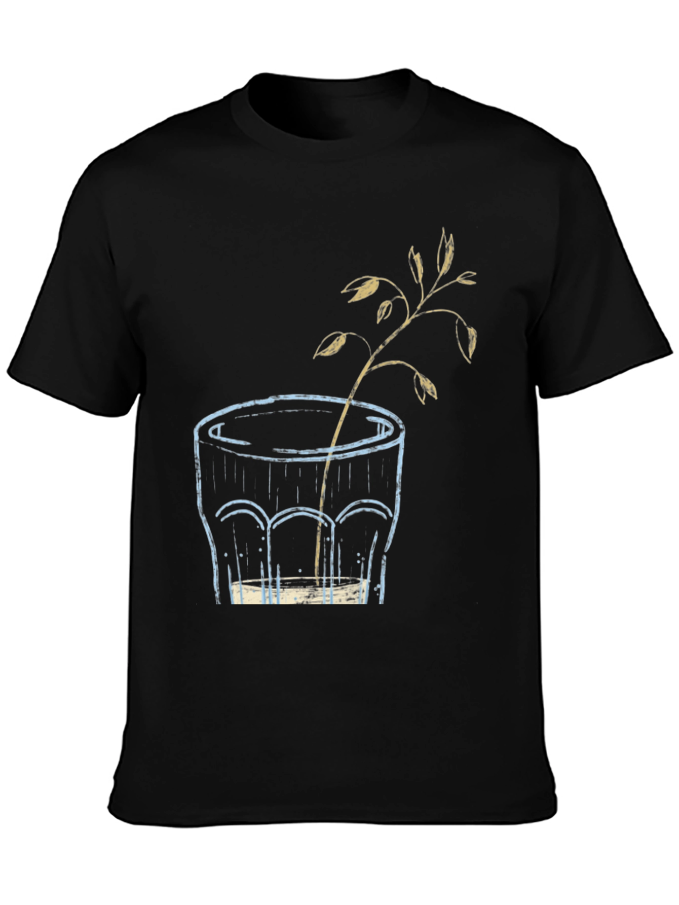 Black Unique Graphic T-Shirt: Glass with Plant Art view 3