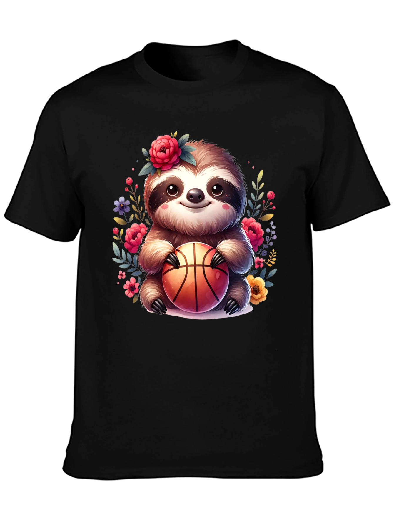 Black Sloth Basketball T-Shirt - Floral Cute Design view 3
