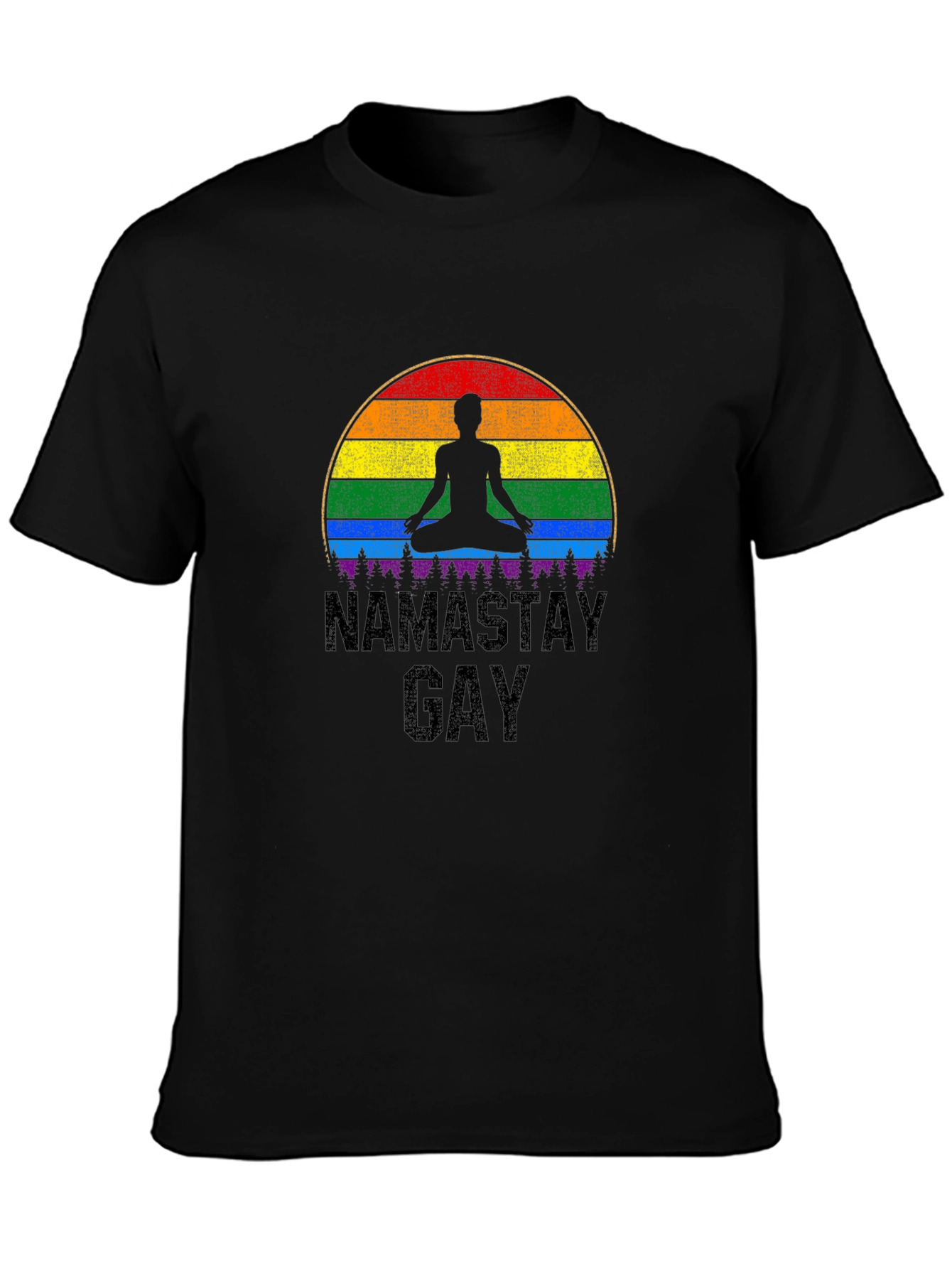 Black Namastay Gay T-Shirt: Pride Rainbow Yoga Tee view 3
