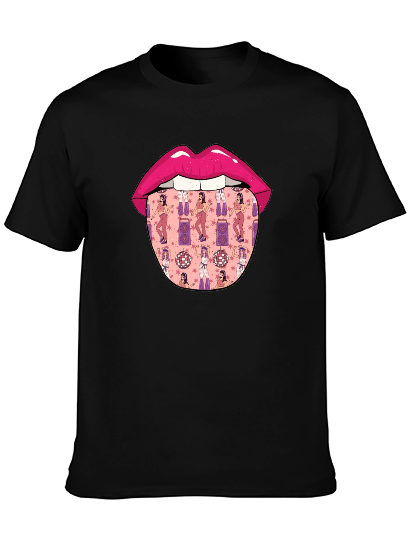 Black Novelty Lips Tongue Disco Pattern T-Shirt view 3