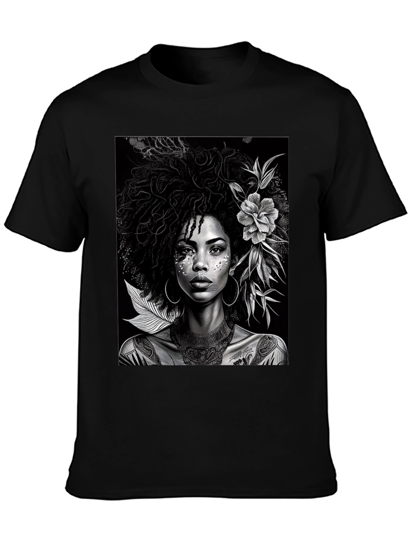 Black Woman Portrait Graphic Tee - Elegant Black T-Shirt view 3
