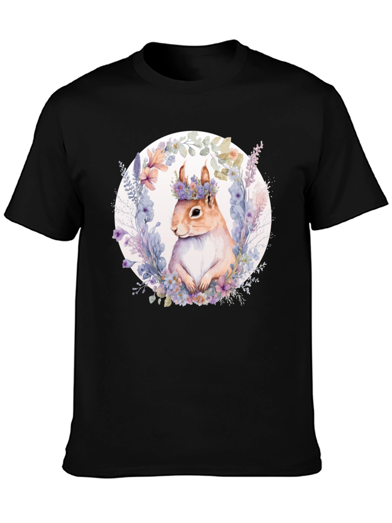 Black Squirrel Floral Wreath Black T-Shirt view 3