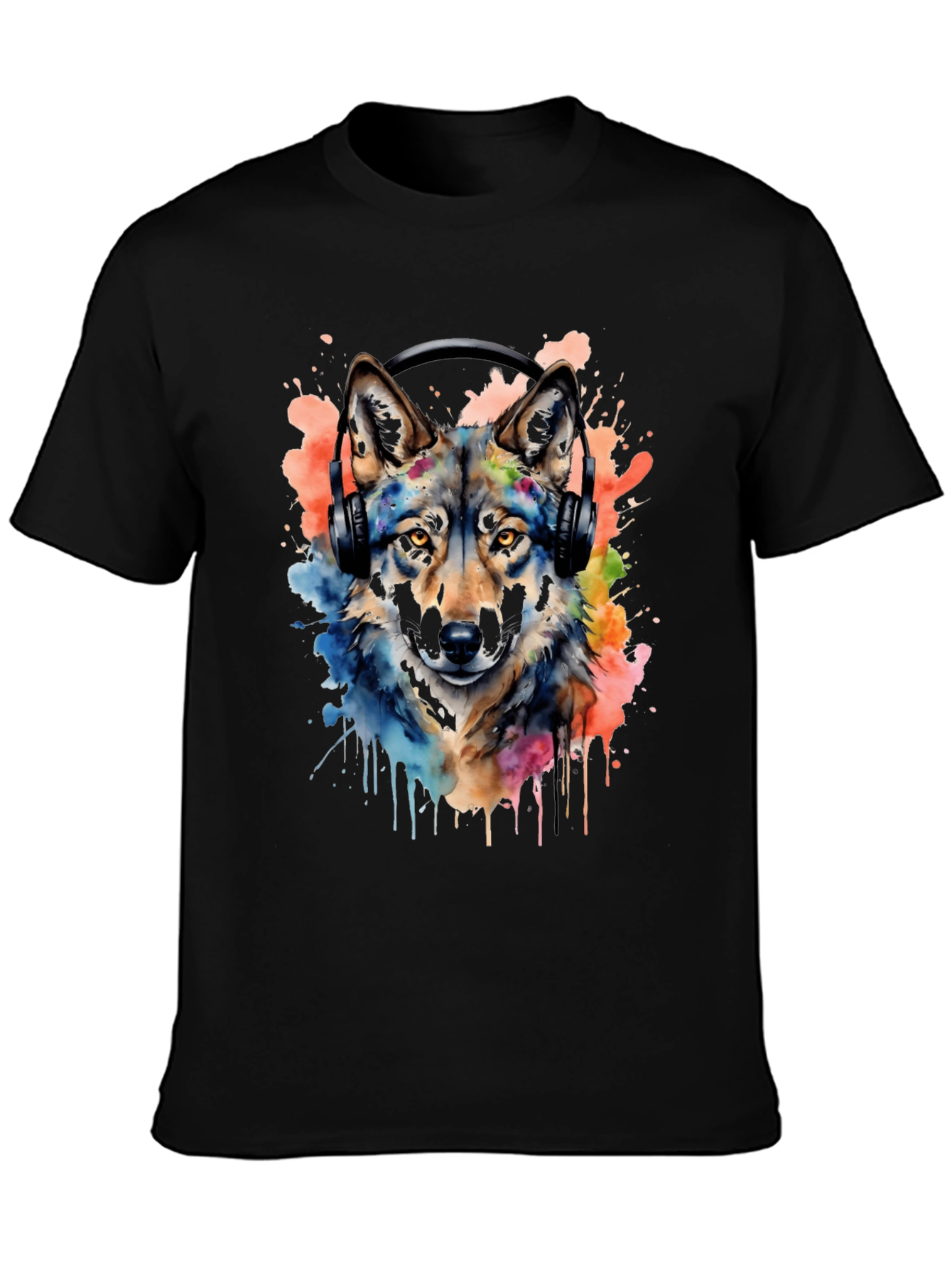 Black Wolf Headphone Graphic T-Shirt view 3