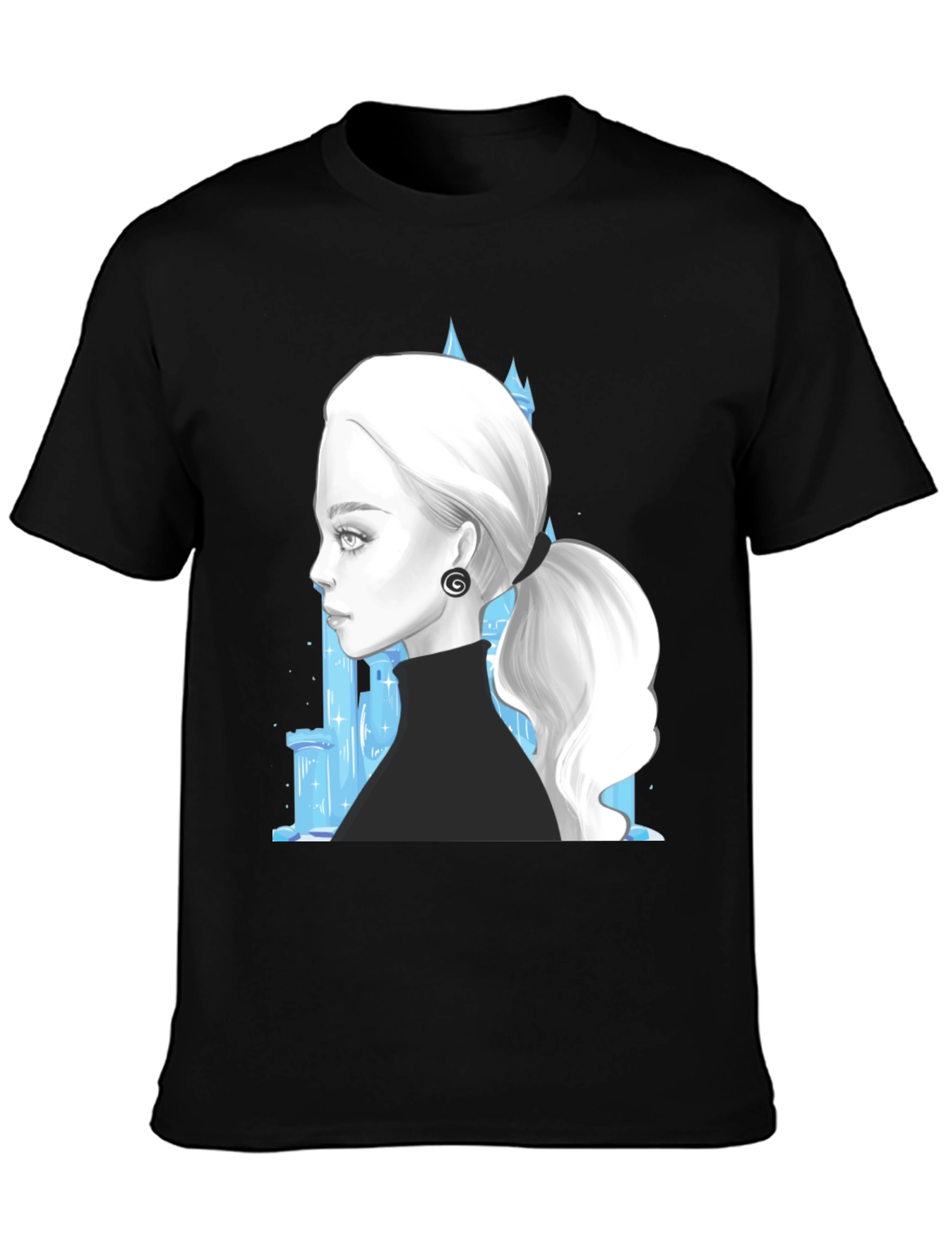 Black Elegant Woman & Ice Castle Graphic Black T-Shirt view 3