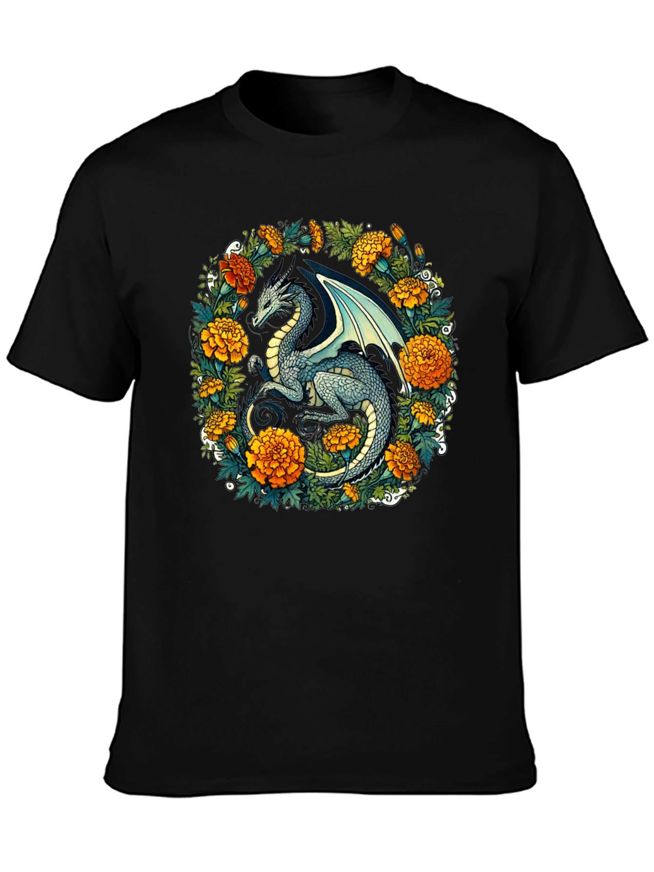 Black Dragon Floral T-Shirt - Fantasy Creature Graphic Tee view 3